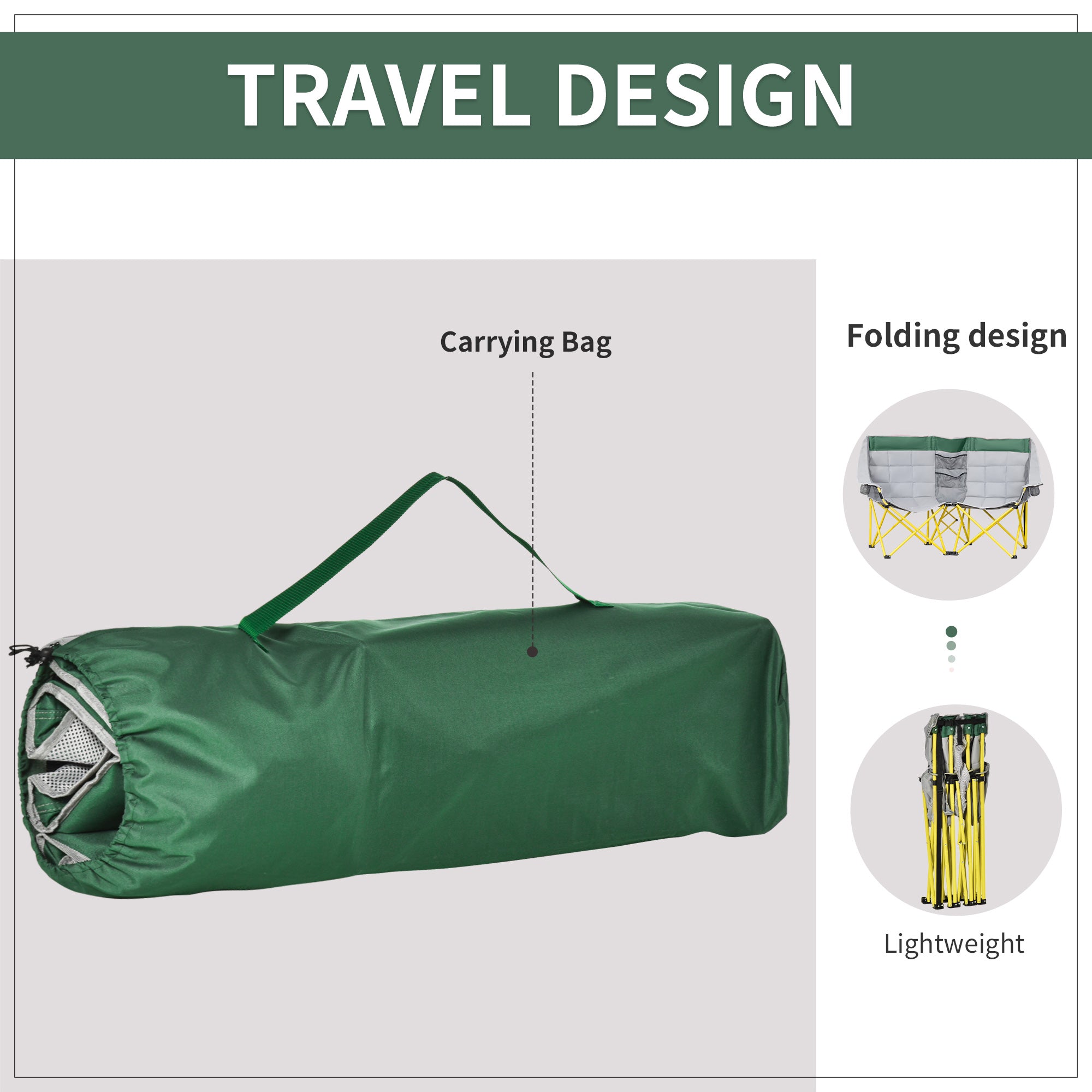 Outsunny 62" W Double Seat Camping Chair Folding Lawn Loveseat w/ Storage Pocket & Cup Holder Compact in a Bag for Outdoor, Beach, Picnic, Hiking, Travel, Green