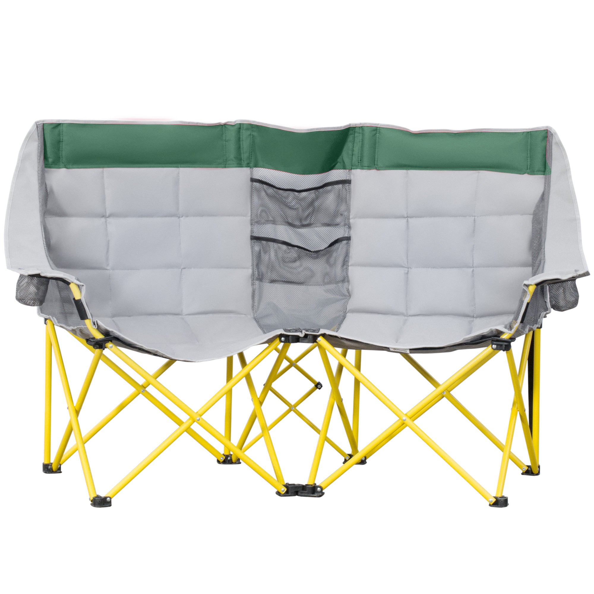 Outsunny 62" W Double Seat Camping Chair Folding Lawn Loveseat w/ Storage Pocket & Cup Holder Compact in a Bag for Outdoor, Beach, Picnic, Hiking, Travel, Green