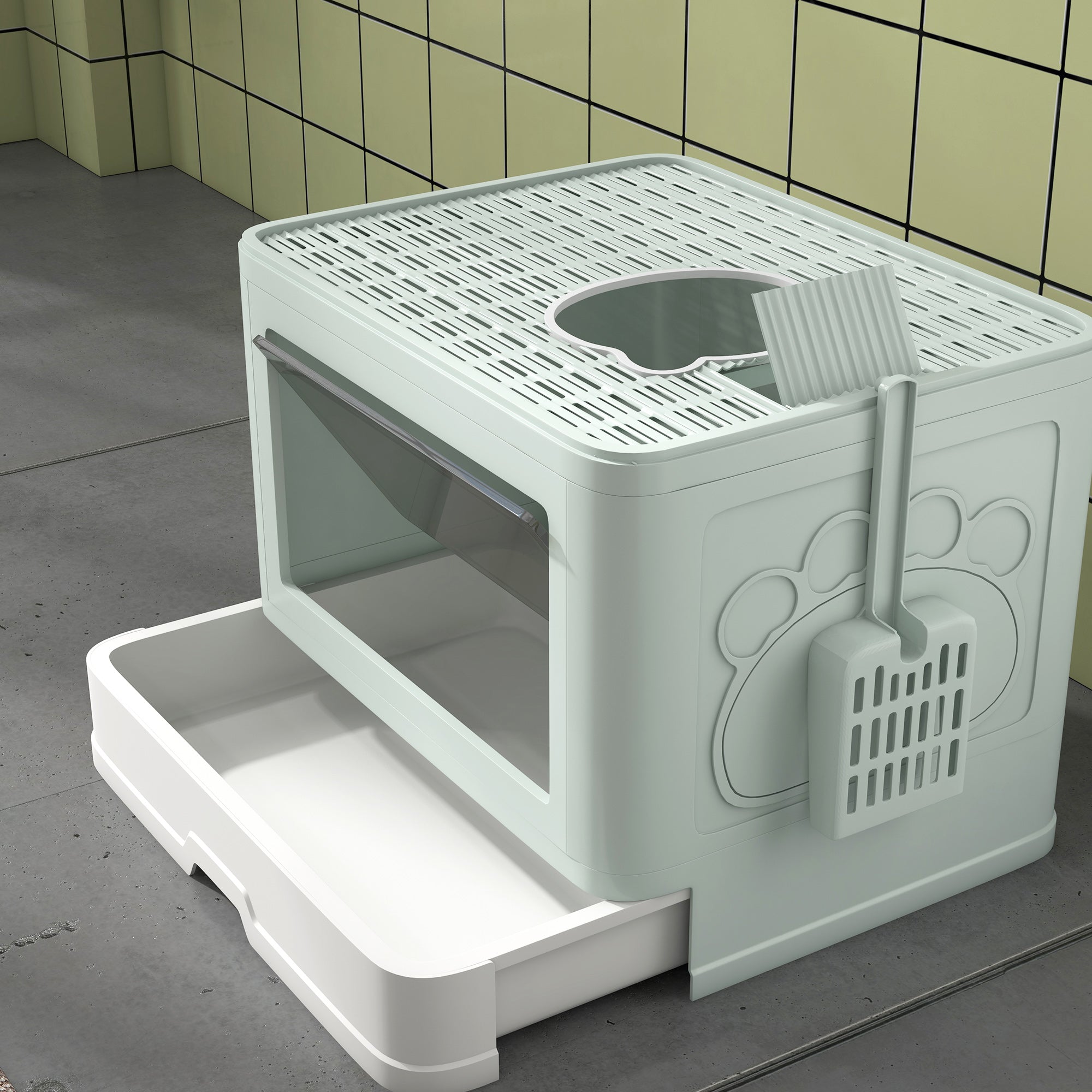 PawHut Cat Litter Box, Front Entry, Top Exit Large Cat Litter Tray, Odor Control Enclosed Kitty Cat Pan with Scoop, Pull-out Tray, Easy to Clean, Brush, Green
