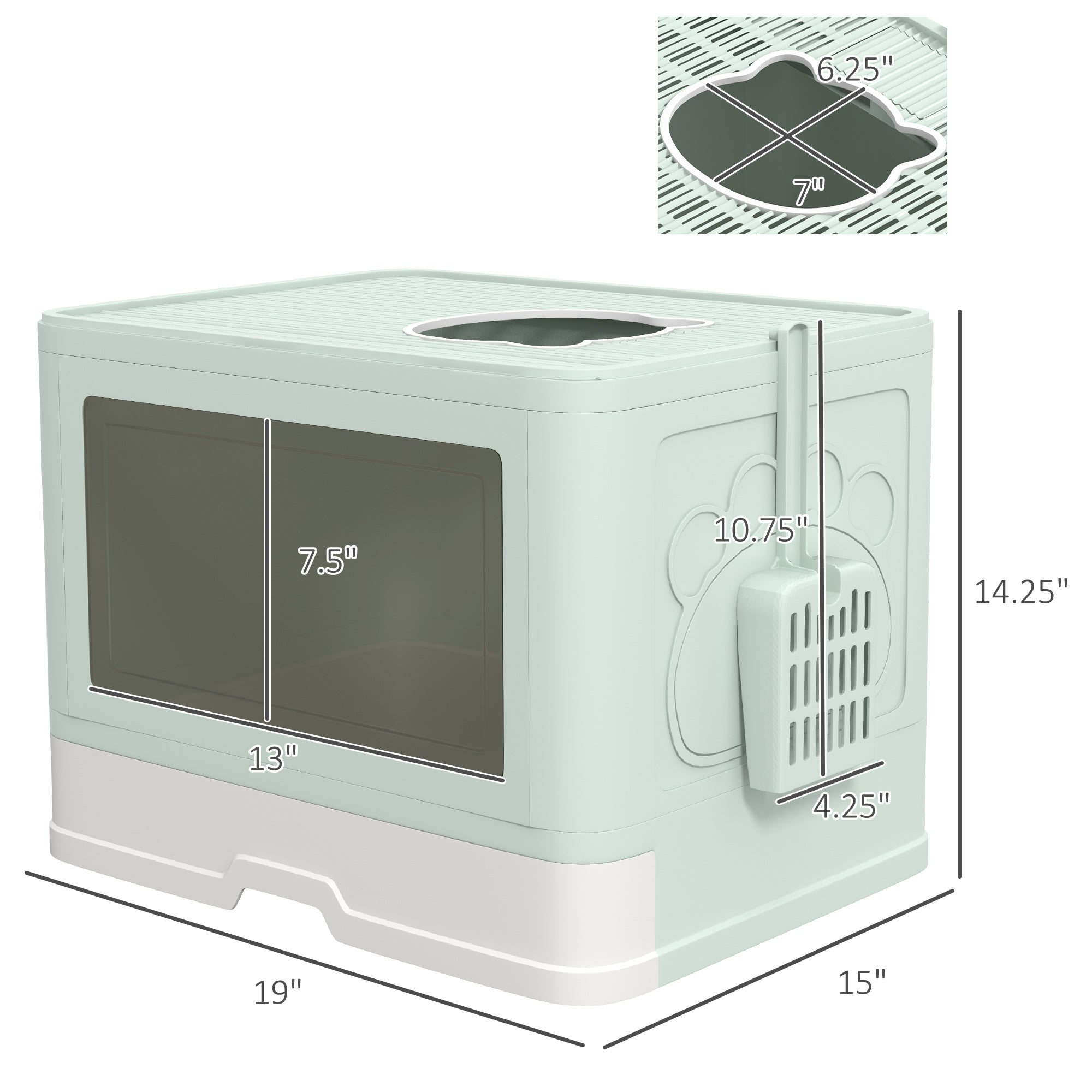 PawHut Cat Litter Box, Front Entry, Top Exit Large Cat Litter Tray, Odor Control Enclosed Kitty Cat Pan with Scoop, Pull-out Tray, Easy to Clean, Brush, Green