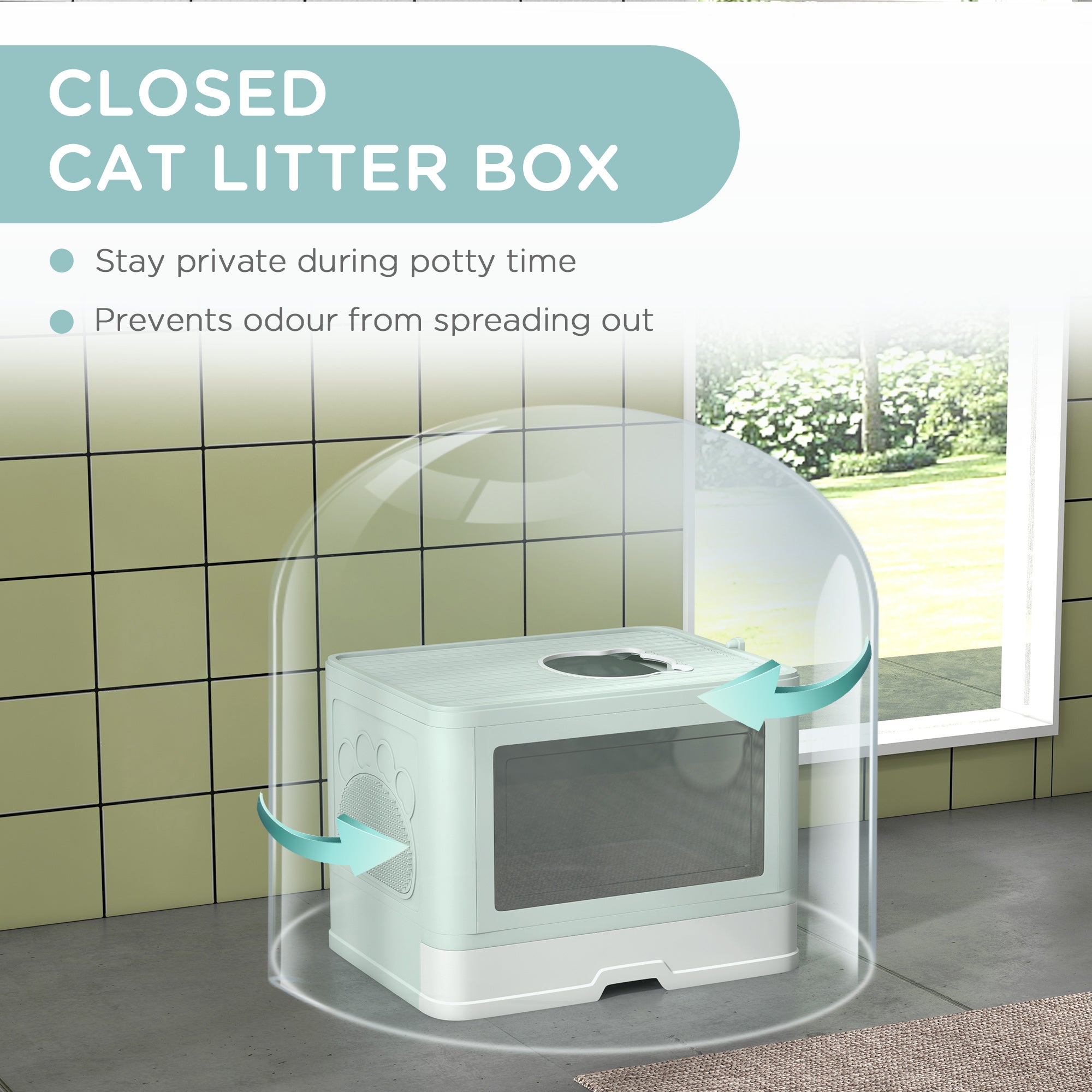 PawHut Cat Litter Box, Front Entry, Top Exit Large Cat Litter Tray, Odor Control Enclosed Kitty Cat Pan with Scoop, Pull-out Tray, Easy to Clean, Brush, Green