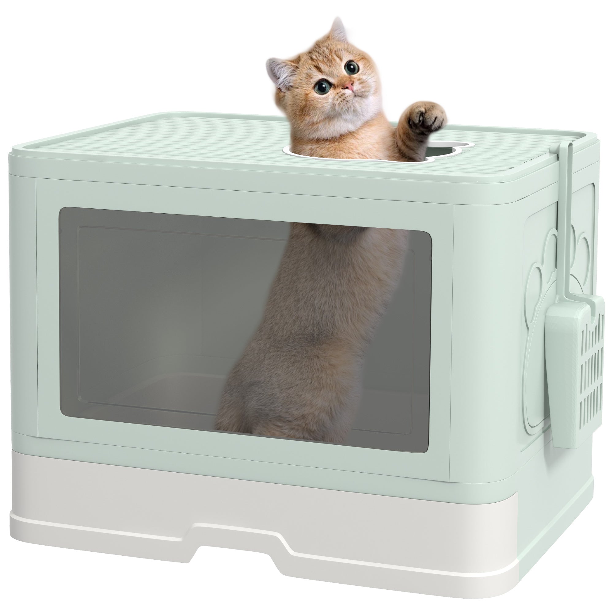 PawHut Cat Litter Box, Front Entry, Top Exit Large Cat Litter Tray, Odor Control Enclosed Kitty Cat Pan with Scoop, Pull-out Tray, Easy to Clean, Brush, Green