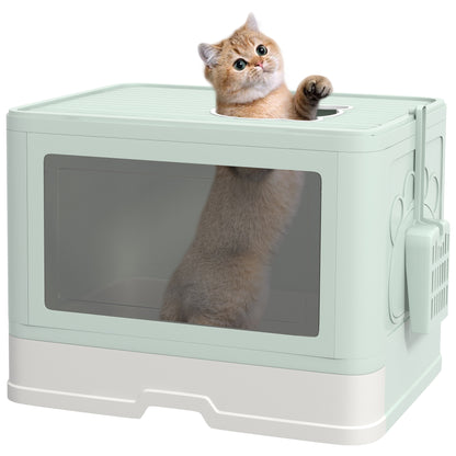 PawHut Cat Litter Box, Front Entry, Top Exit Large Cat Litter Tray, Odor Control Enclosed Kitty Cat Pan with Scoop, Pull-out Tray, Easy to Clean, Brush, Green