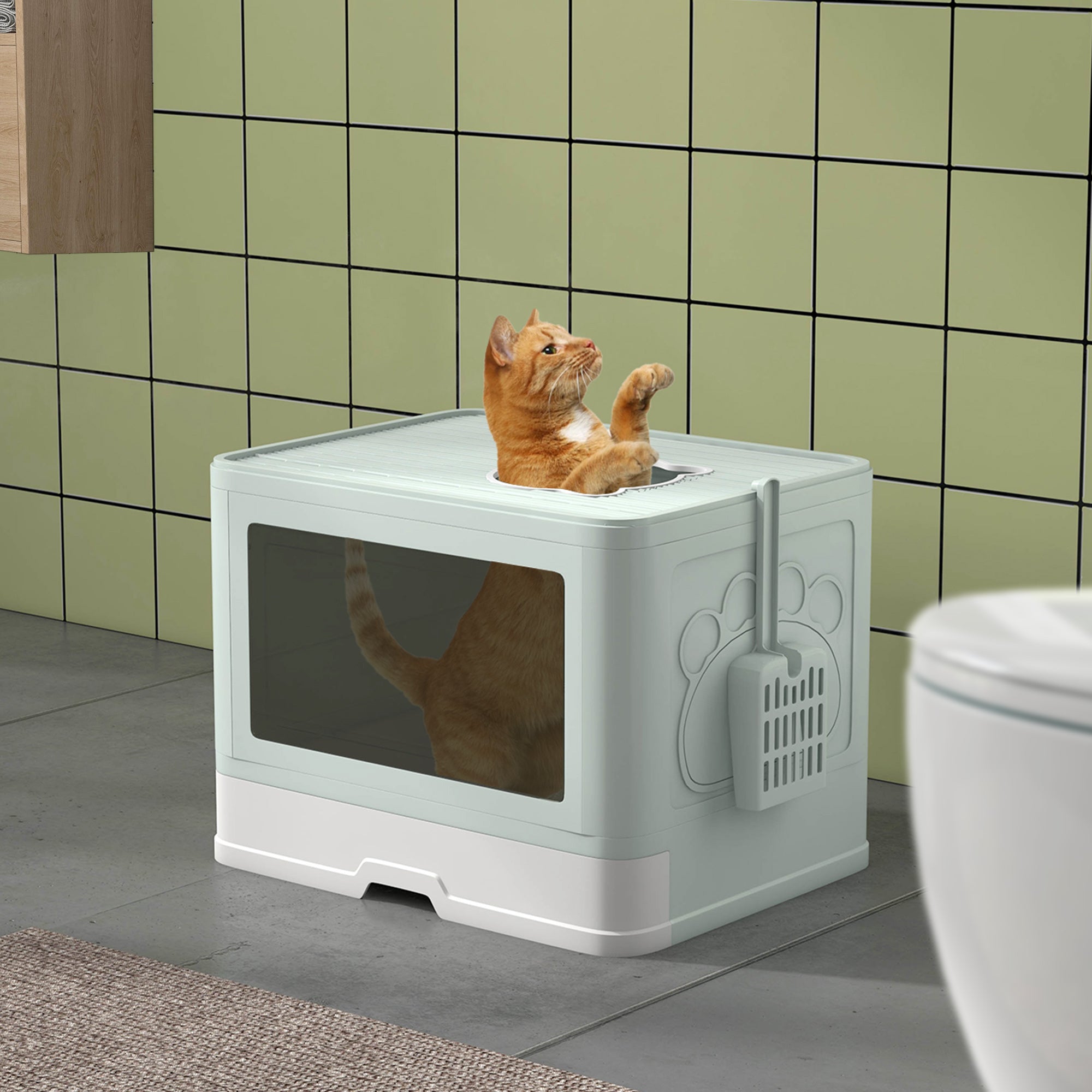 PawHut Cat Litter Box, Front Entry, Top Exit Large Cat Litter Tray, Odor Control Enclosed Kitty Cat Pan with Scoop, Pull-out Tray, Easy to Clean, Brush, Green