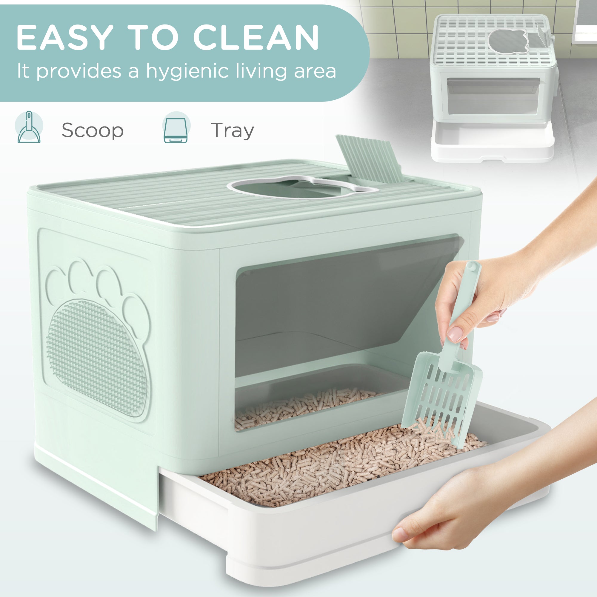PawHut Cat Litter Box, Front Entry, Top Exit Large Cat Litter Tray, Odor Control Enclosed Kitty Cat Pan with Scoop, Pull-out Tray, Easy to Clean, Brush, Green