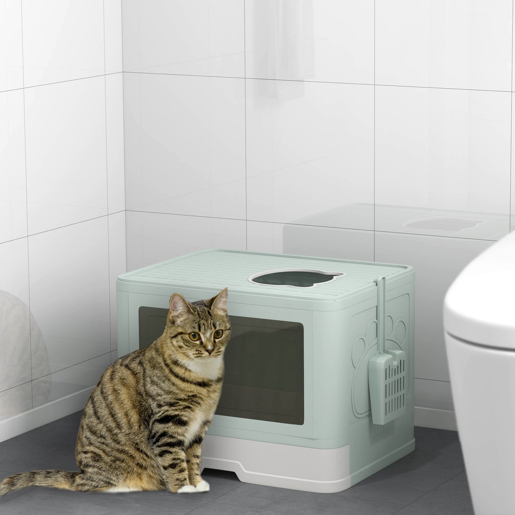 PawHut Cat Litter Box, Front Entry, Top Exit Large Cat Litter Tray, Odor Control Enclosed Kitty Cat Pan with Scoop, Pull-out Tray, Easy to Clean, Brush, Green