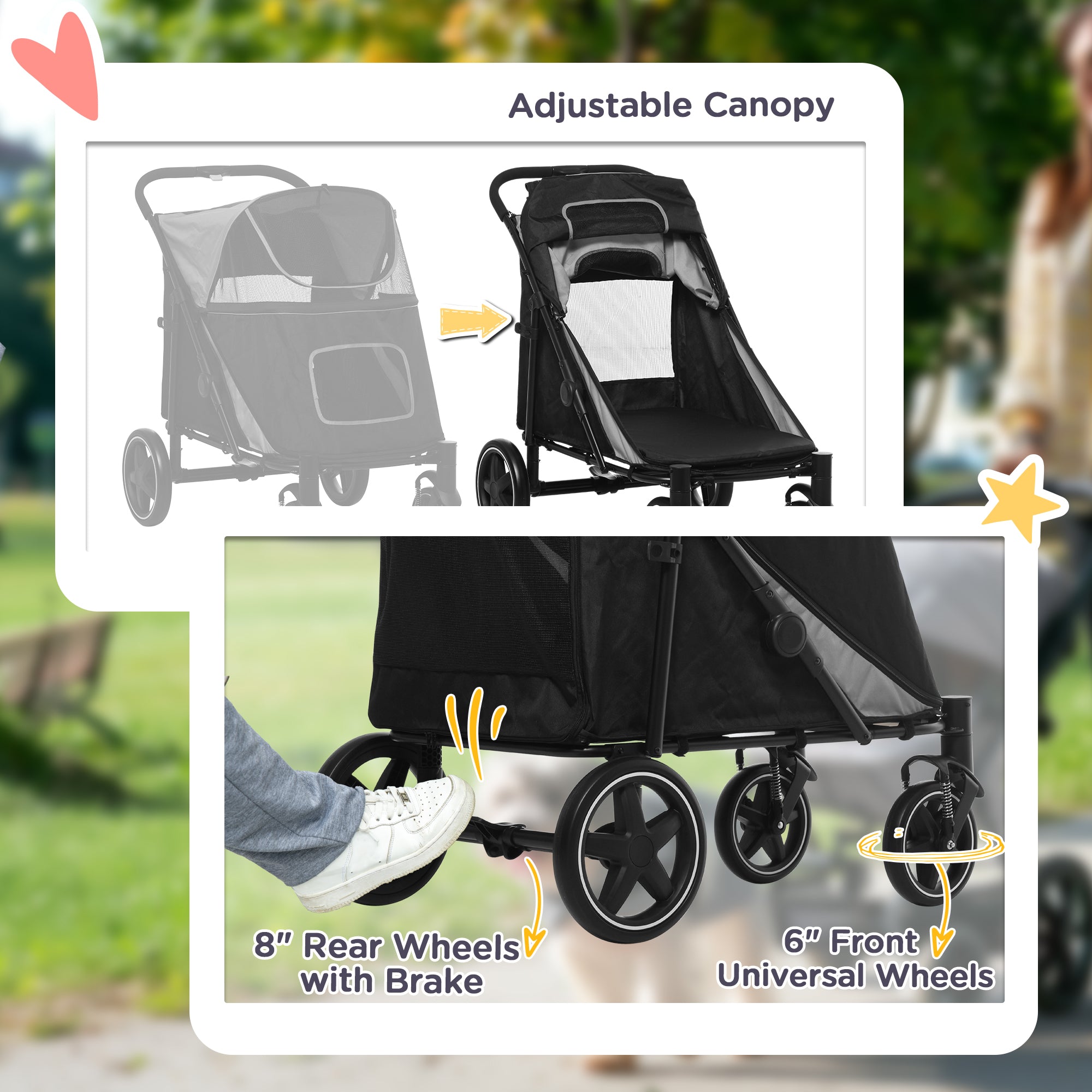 PawHut Dog Pram Dog Stroller Pet Pushchair with Adjustable Canopy for Medium and Large Dogs, Grey