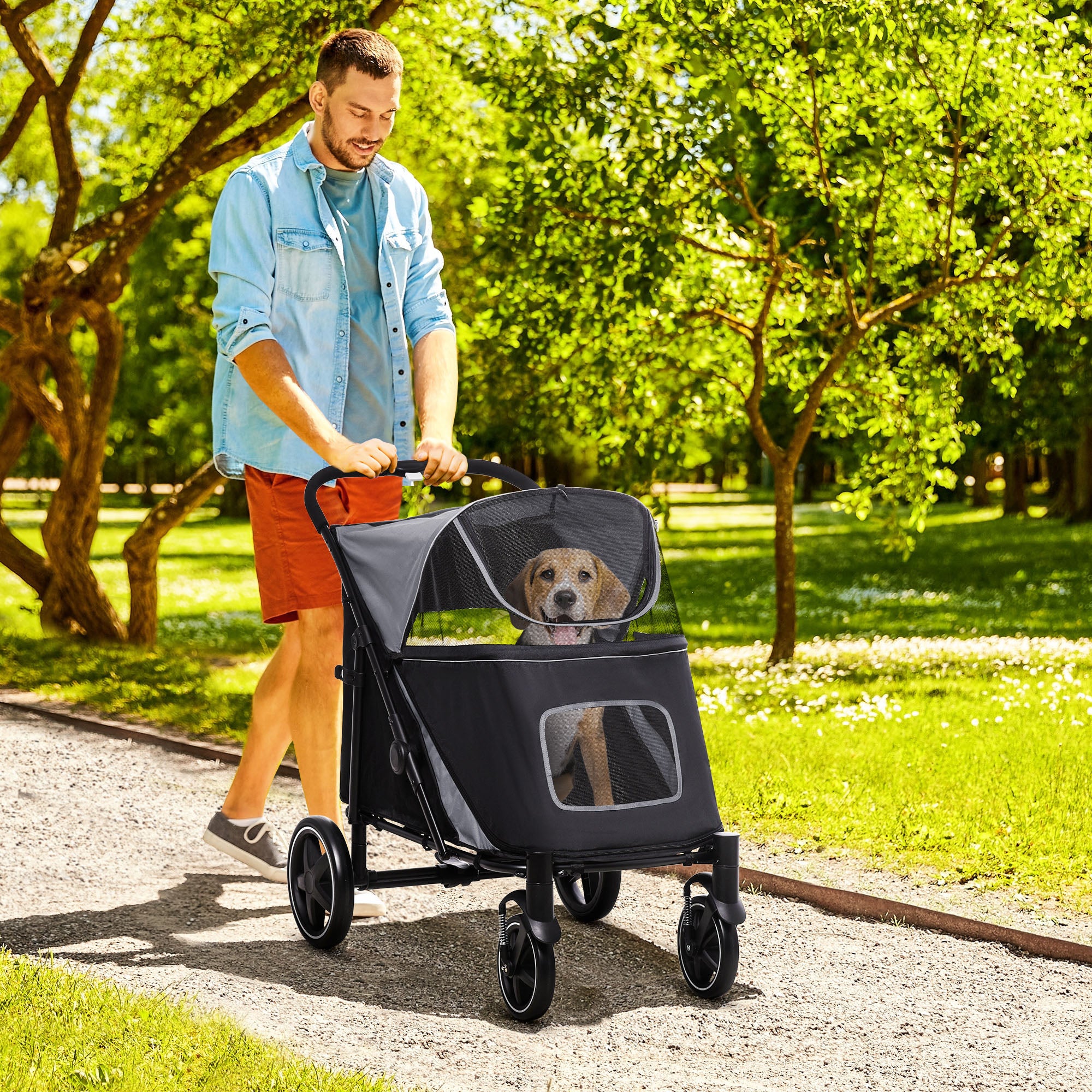 PawHut Dog Pram Dog Stroller Pet Pushchair with Adjustable Canopy for Medium and Large Dogs, Grey