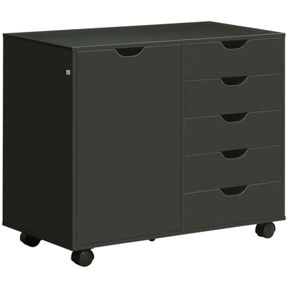 HOMCOM Lateral Filing Cabinet, 5-Drawers File Cabinet with Door and Adjustable Shelf, Mobile Office Storage Cabinet on Wheels, Printer Stand for Home Office, Black