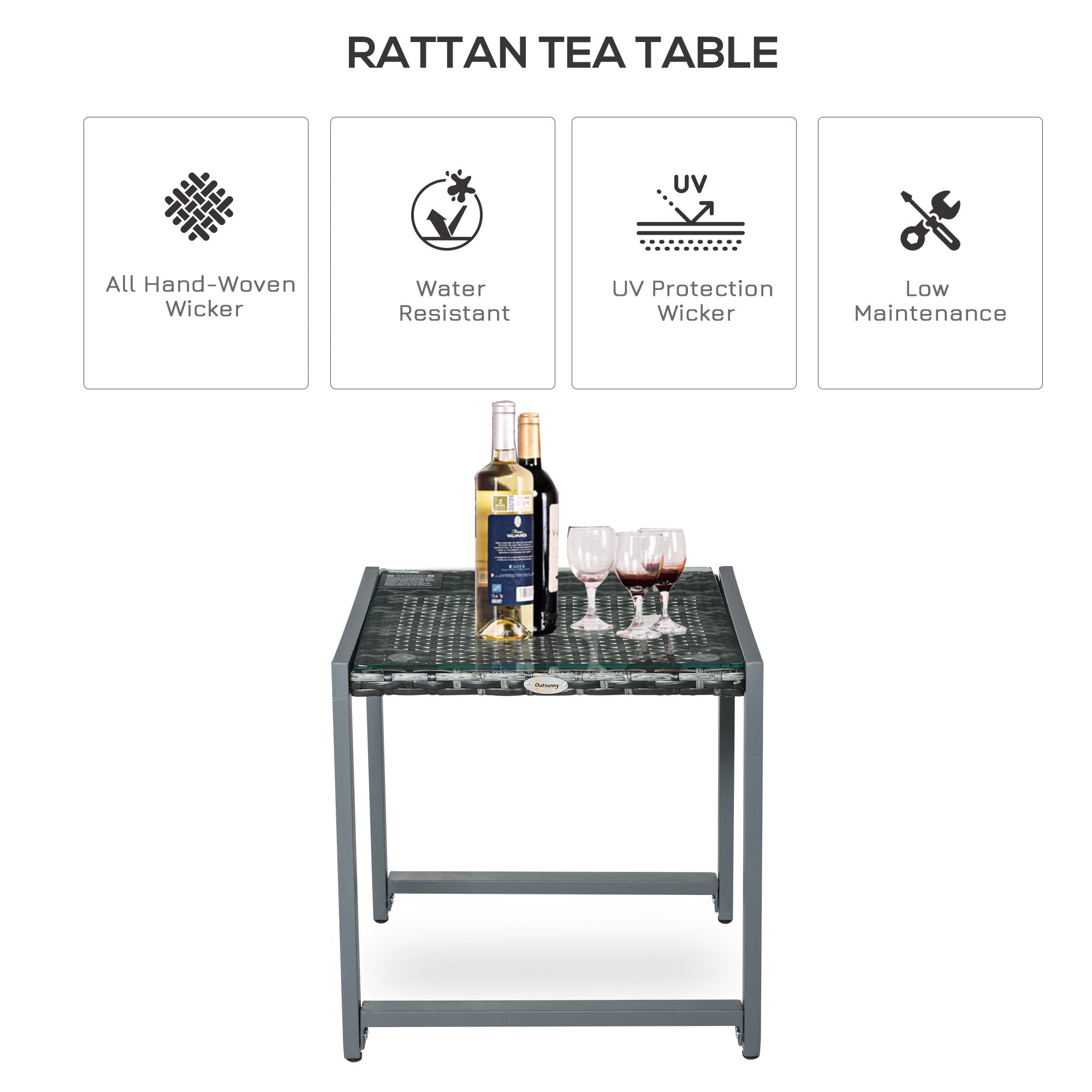 Outsunny Rattan Coffee Table, Wicker Patio Side Table with Tempered Glass Top and Aluminum Frame for Outdoor, Garden, Gray