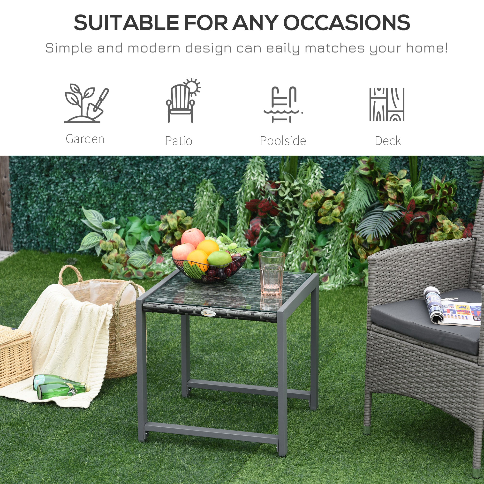 Outsunny Rattan Coffee Table, Wicker Patio Side Table with Tempered Glass Top and Aluminum Frame for Outdoor, Garden, Gray