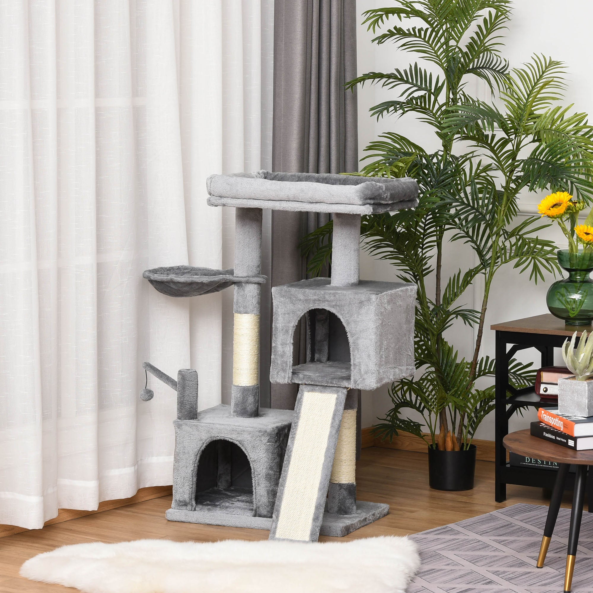 PawHut Cat tree Tower Climbing Kitten Activity Center Furniture with Sisal Scratching Post Pad Hammock Perch Condo Hanging Balls 23.5" x 15.75" x 43.75" Grey