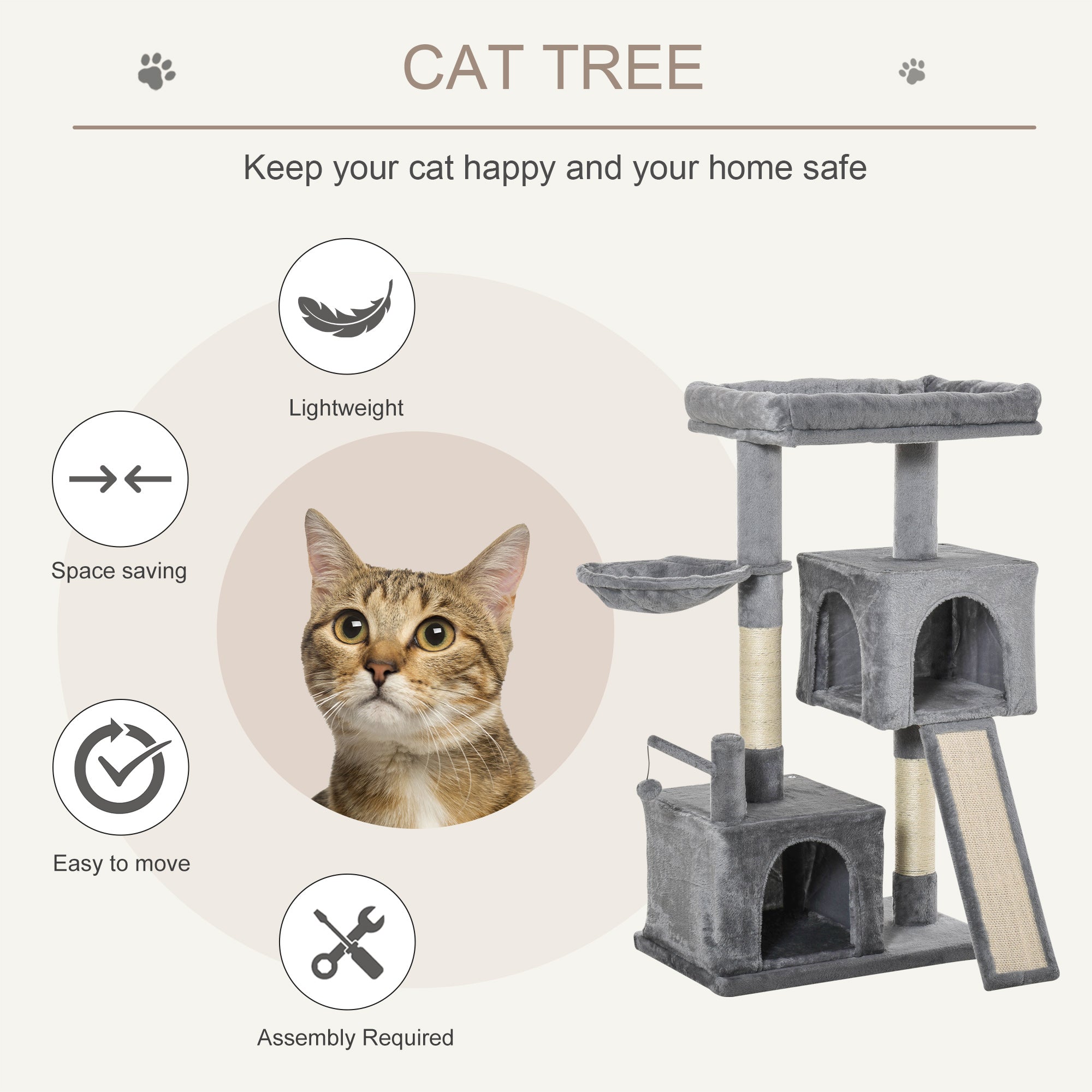 PawHut Cat tree Tower Climbing Kitten Activity Center Furniture with Sisal Scratching Post Pad Hammock Perch Condo Hanging Balls 23.5" x 15.75" x 43.75" Grey