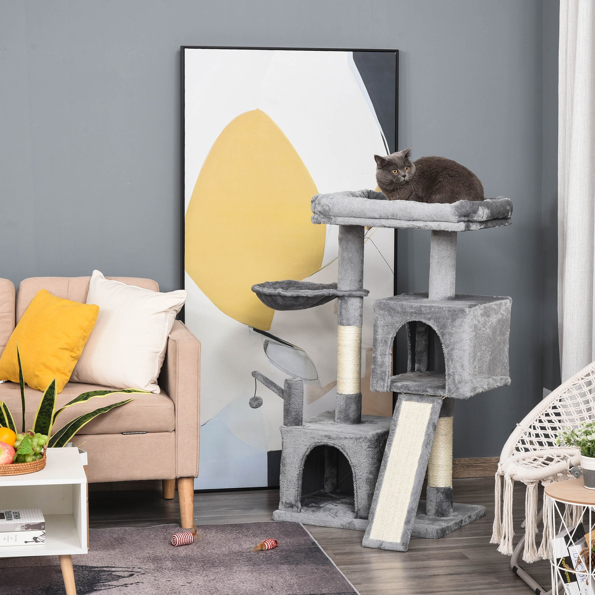 PawHut Cat tree Tower Climbing Kitten Activity Center Furniture with Sisal Scratching Post Pad Hammock Perch Condo Hanging Balls 23.5" x 15.75" x 43.75" Grey