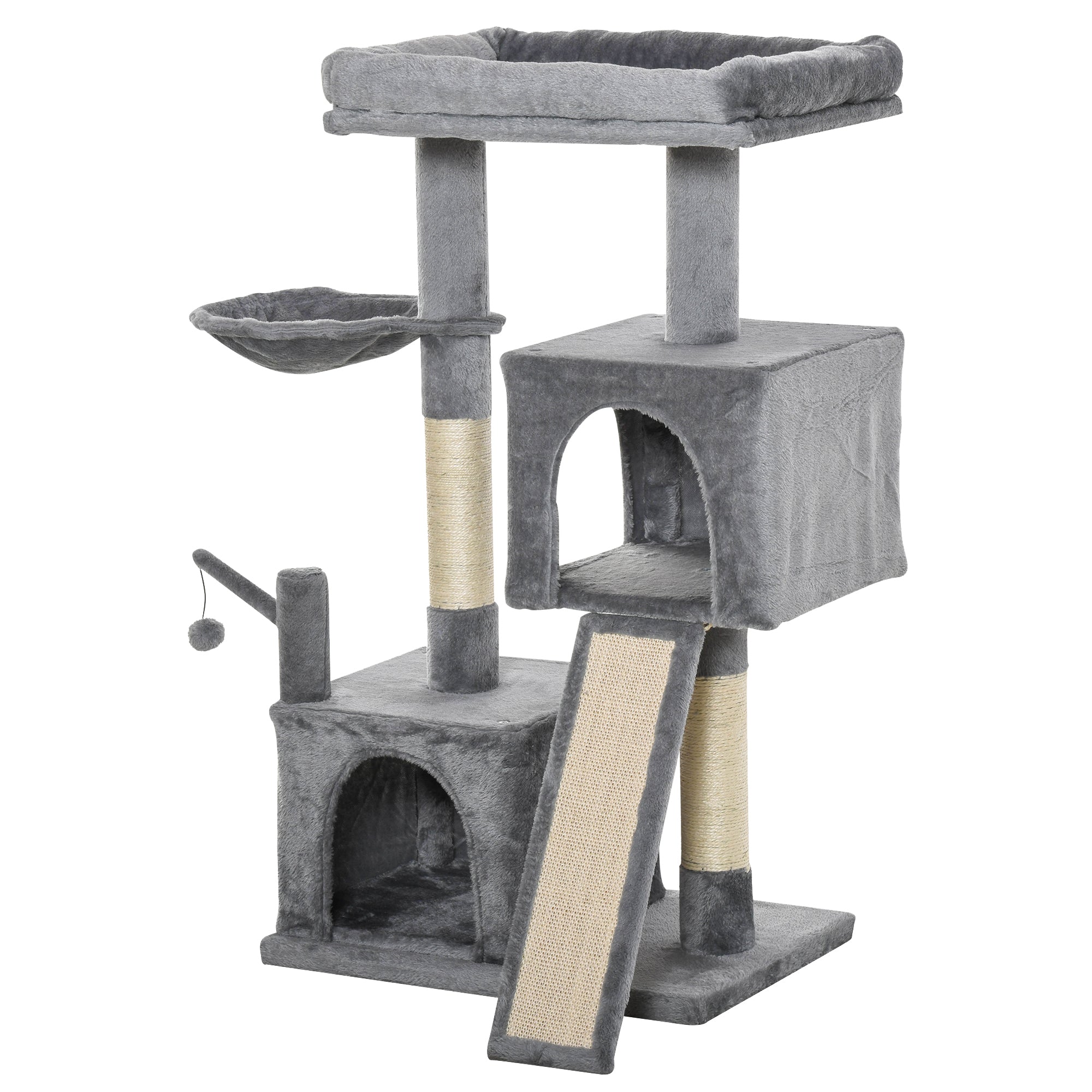 PawHut Cat Tree Tower for Indoor Cats, 111cm Kitten Activity Centre with Scratching Post Pad Hammock Condo Bed Ball Toy, Grey