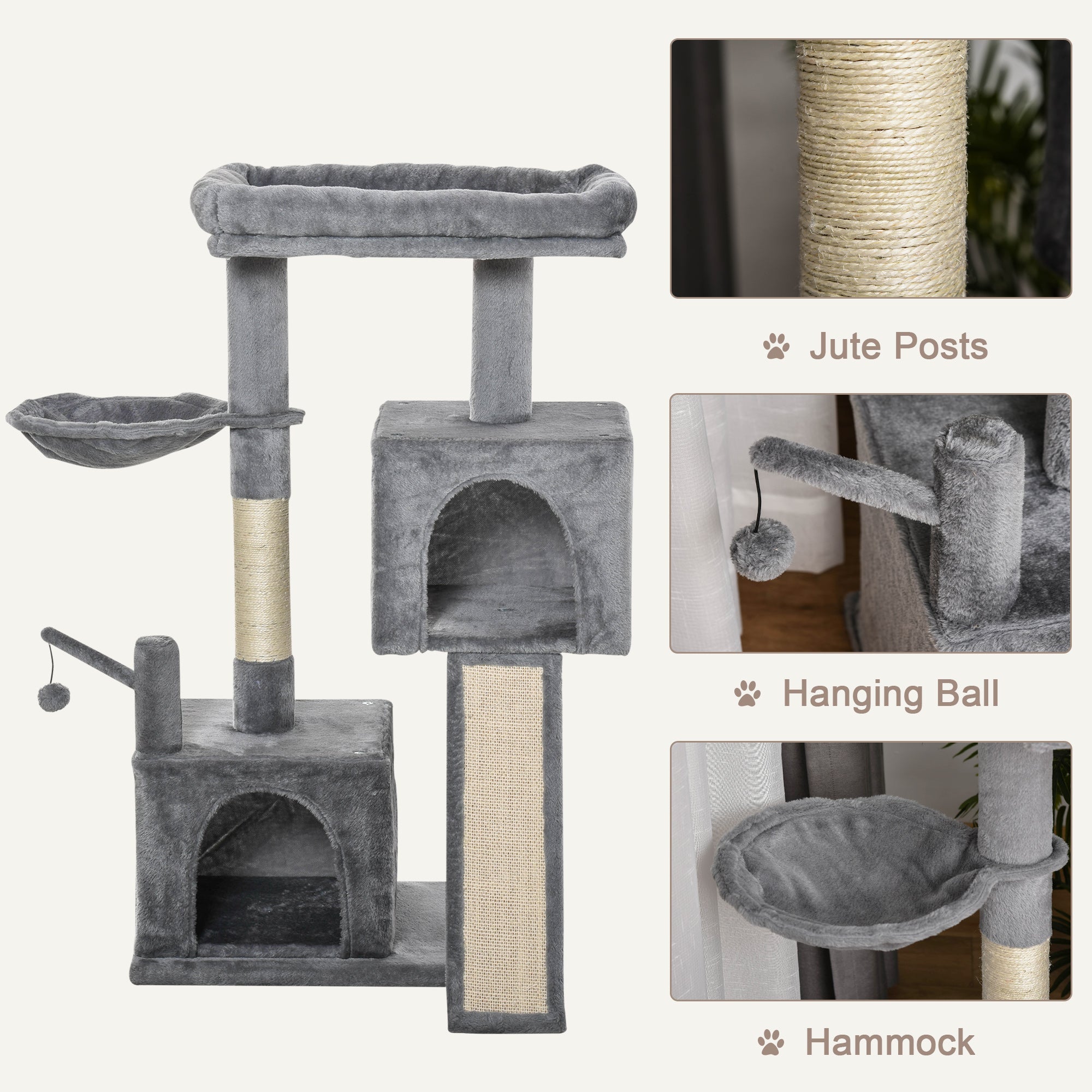 PawHut Cat tree Tower Climbing Kitten Activity Center Furniture with Sisal Scratching Post Pad Hammock Perch Condo Hanging Balls 23.5" x 15.75" x 43.75" Grey