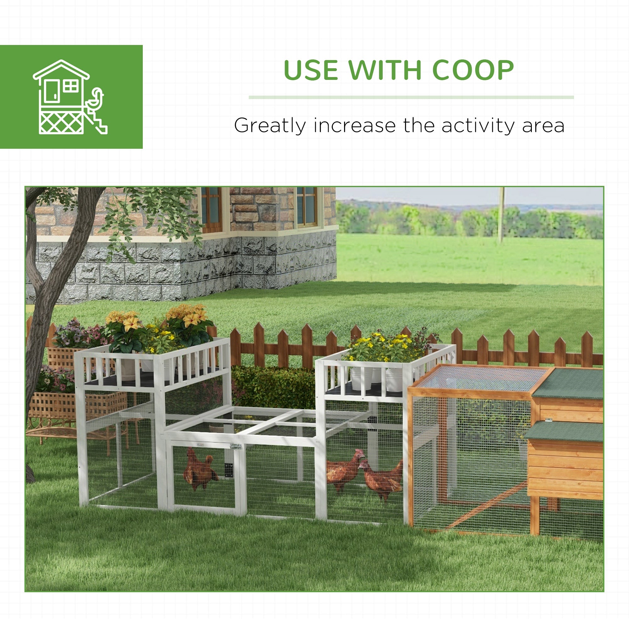 PawHut Wooden Chicken Coop, 7.3' x 3.6' Chicken Run Combinable Design with Storage Shelves, Perches for 2-4 Chickens, Outdoor Poultry Supplies for Ducks, Goose, Rabbits, White