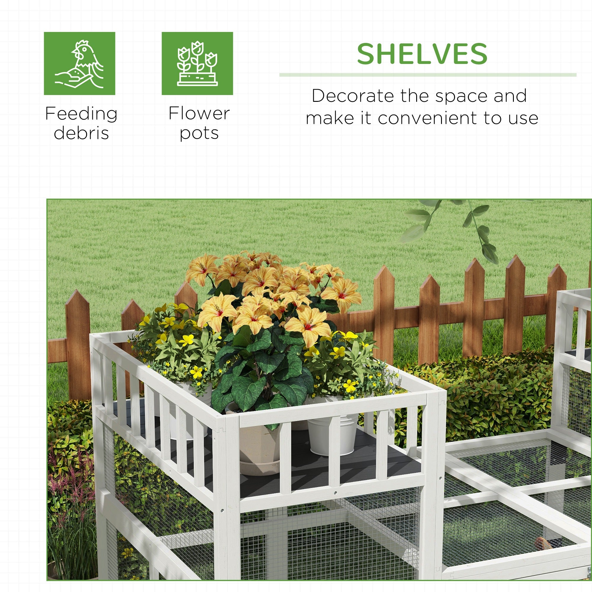 PawHut Wooden Chicken Coop, 7.3' x 3.6' Chicken Run Combinable Design with Storage Shelves, Perches for 2-4 Chickens, Outdoor Poultry Supplies for Ducks, Goose, Rabbits, White