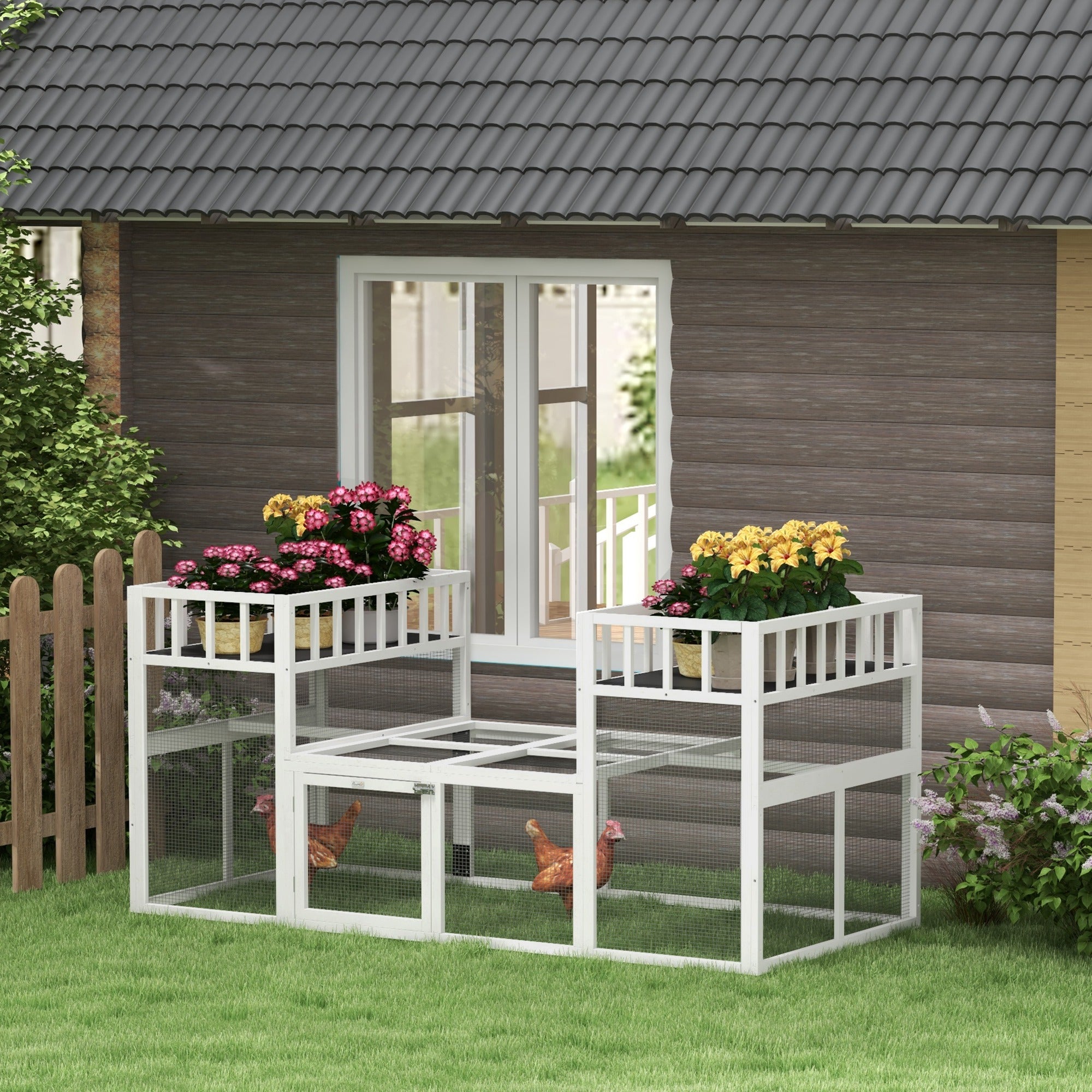 PawHut Wooden Chicken Coop, 7.3' x 3.6' Chicken Run Combinable Design with Storage Shelves, Perches for 2-4 Chickens, Outdoor Poultry Supplies for Ducks, Goose, Rabbits, White