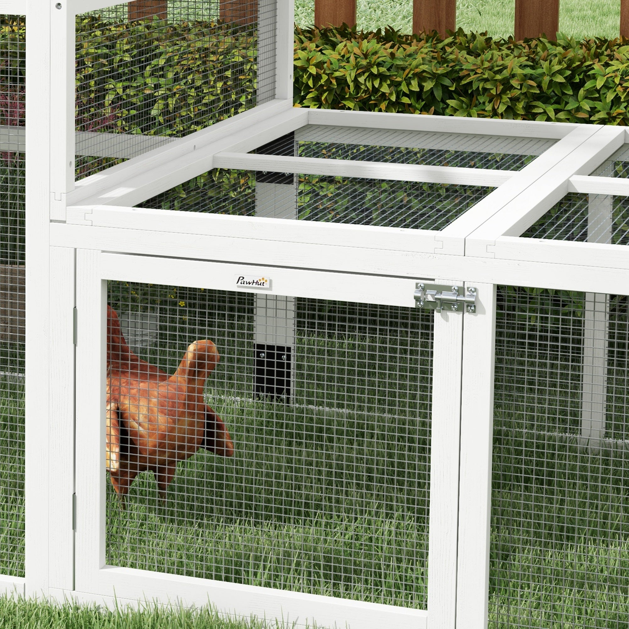 PawHut Wooden Chicken Coop, 7.3' x 3.6' Chicken Run Combinable Design with Storage Shelves, Perches for 2-4 Chickens, Outdoor Poultry Supplies for Ducks, Goose, Rabbits, White