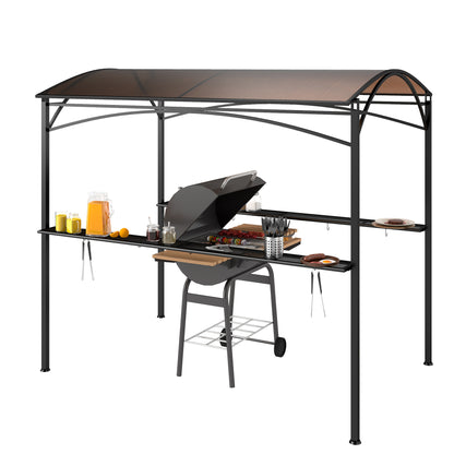 Outsunny 8' x 5' Hardtop Grill Gazebo, Outdoor BBQ Gazebo with PC Board Roof, Barbecue Grill Canopy with 2 Side Shelves and 10 Hooks for Patio, Deck, Backyard and Garden, Brown