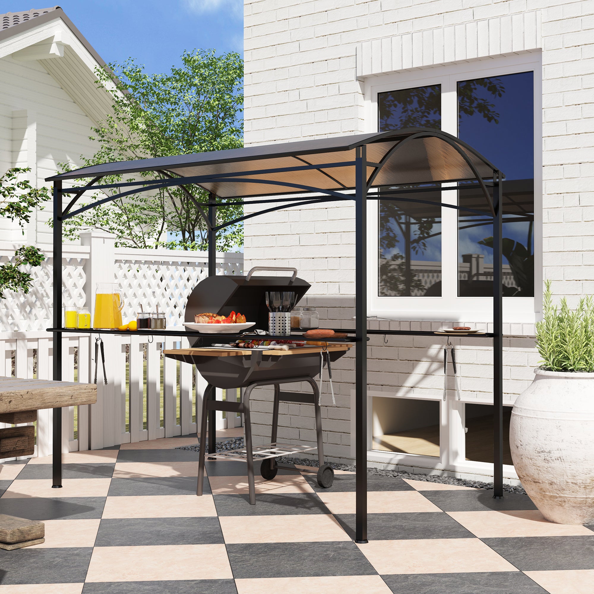 Outsunny 8' x 5' Hardtop Grill Gazebo, Outdoor BBQ Gazebo with PC Board Roof, Barbecue Grill Canopy with 2 Side Shelves and 10 Hooks for Patio, Deck, Backyard and Garden, Brown