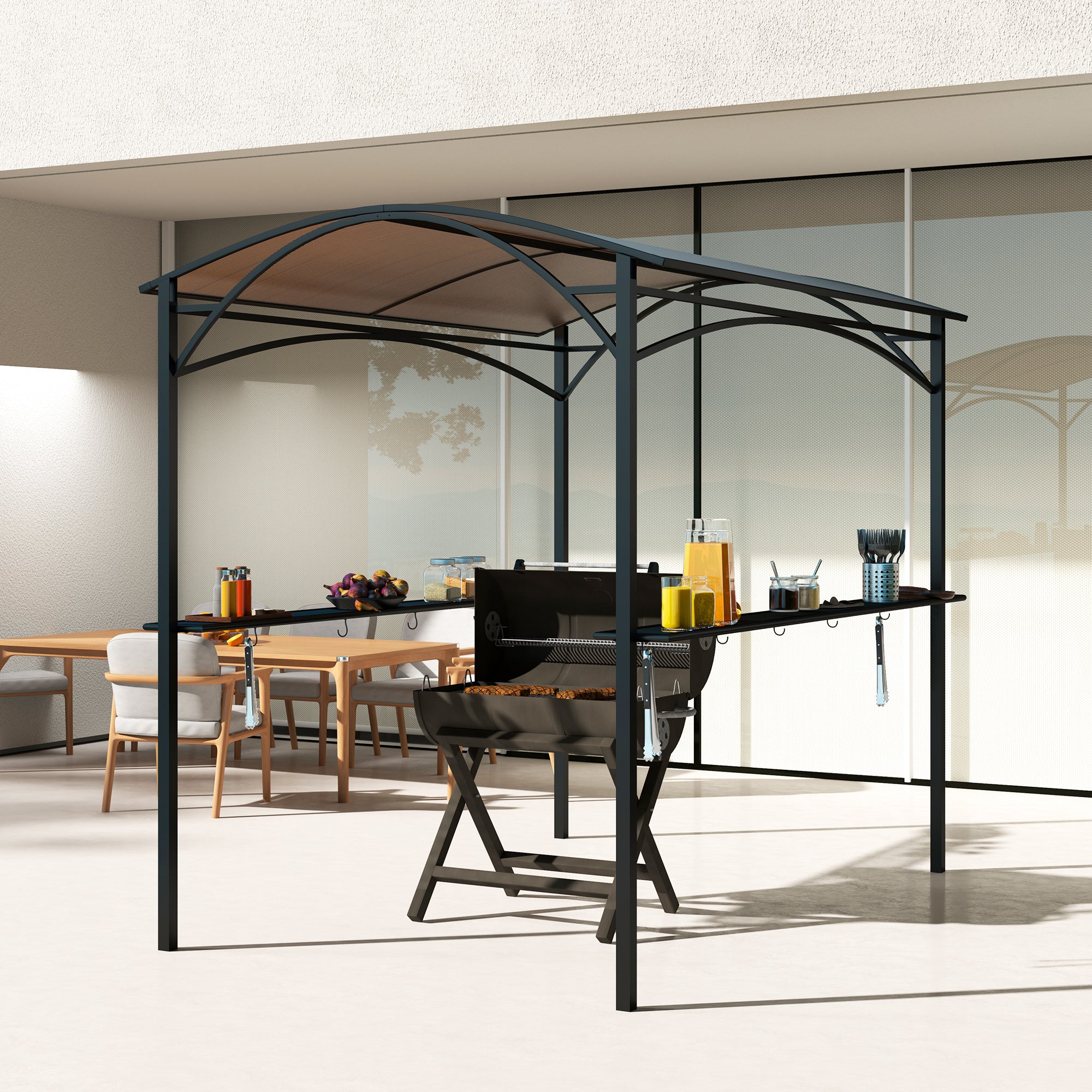 Outsunny 8' x 5' Hardtop Grill Gazebo, Outdoor BBQ Gazebo with PC Board Roof, Barbecue Grill Canopy with 2 Side Shelves and 10 Hooks for Patio, Deck, Backyard and Garden, Brown