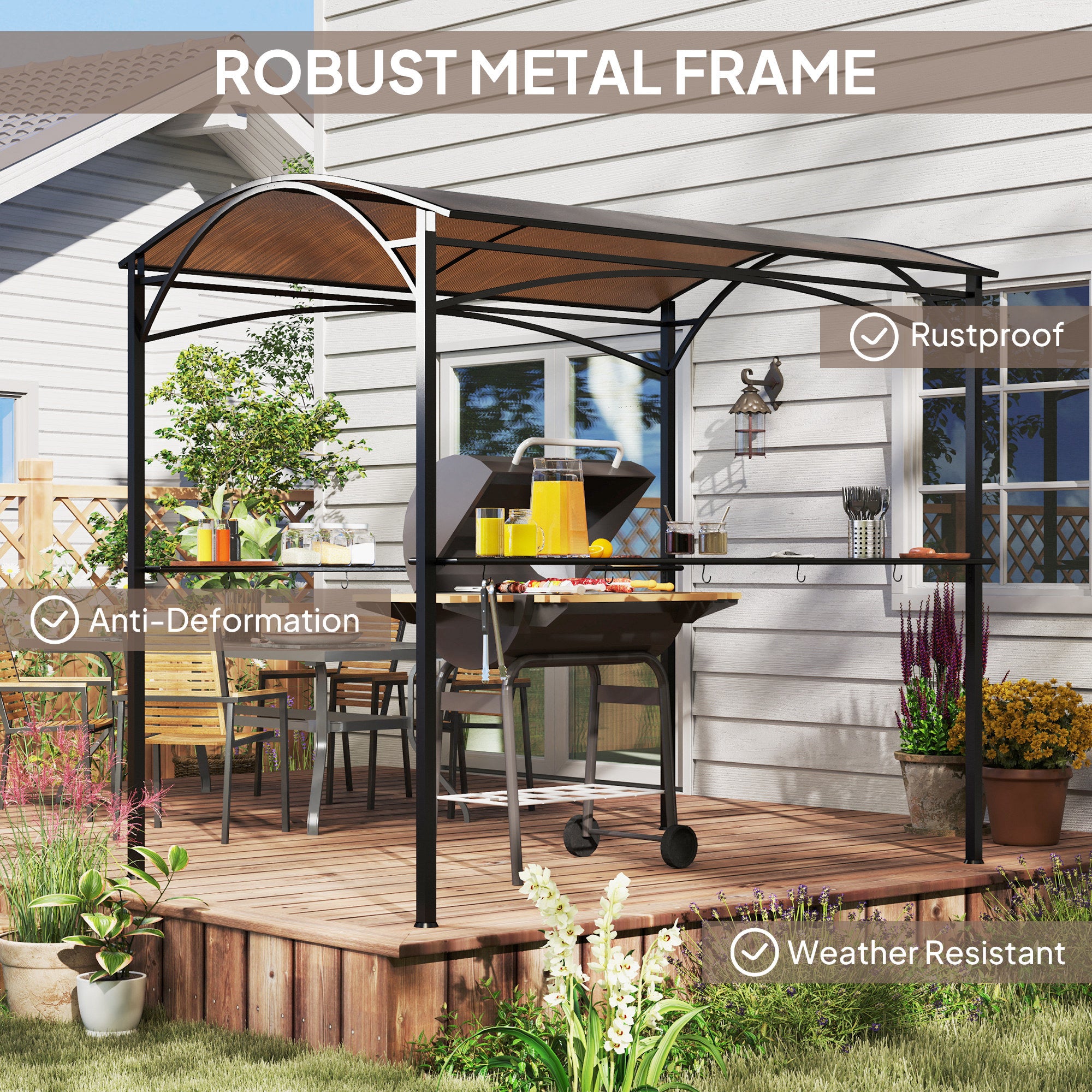 Outsunny 8' x 5' Hardtop Grill Gazebo, Outdoor BBQ Gazebo with PC Board Roof, Barbecue Grill Canopy with 2 Side Shelves and 10 Hooks for Patio, Deck, Backyard and Garden, Brown