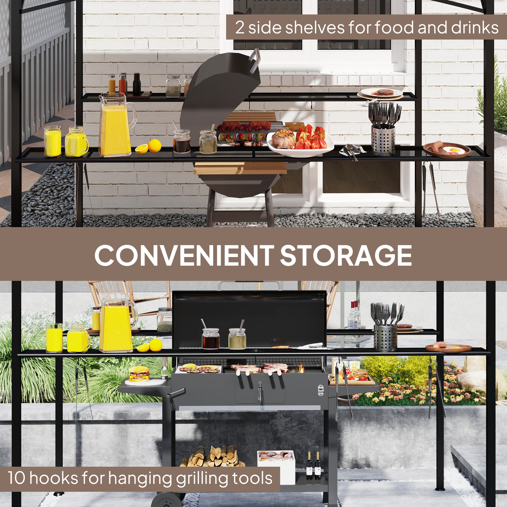 Outsunny 8' x 5' Hardtop Grill Gazebo, Outdoor BBQ Gazebo with PC Board Roof, Barbecue Grill Canopy with 2 Side Shelves and 10 Hooks for Patio, Deck, Backyard and Garden, Brown