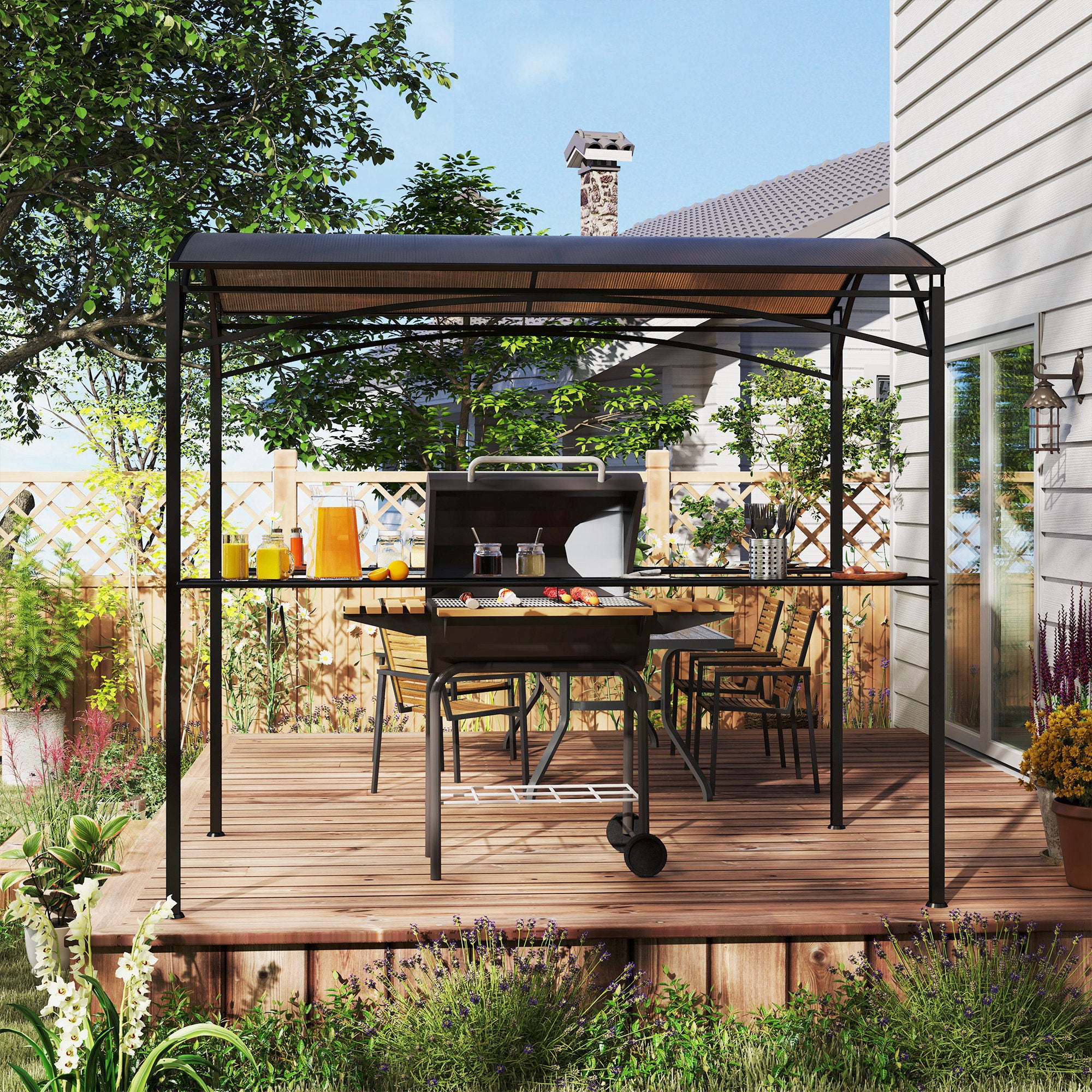 Outsunny 8' x 5' Hardtop Grill Gazebo, Outdoor BBQ Gazebo with PC Board Roof, Barbecue Grill Canopy with 2 Side Shelves and 10 Hooks for Patio, Deck, Backyard and Garden, Brown