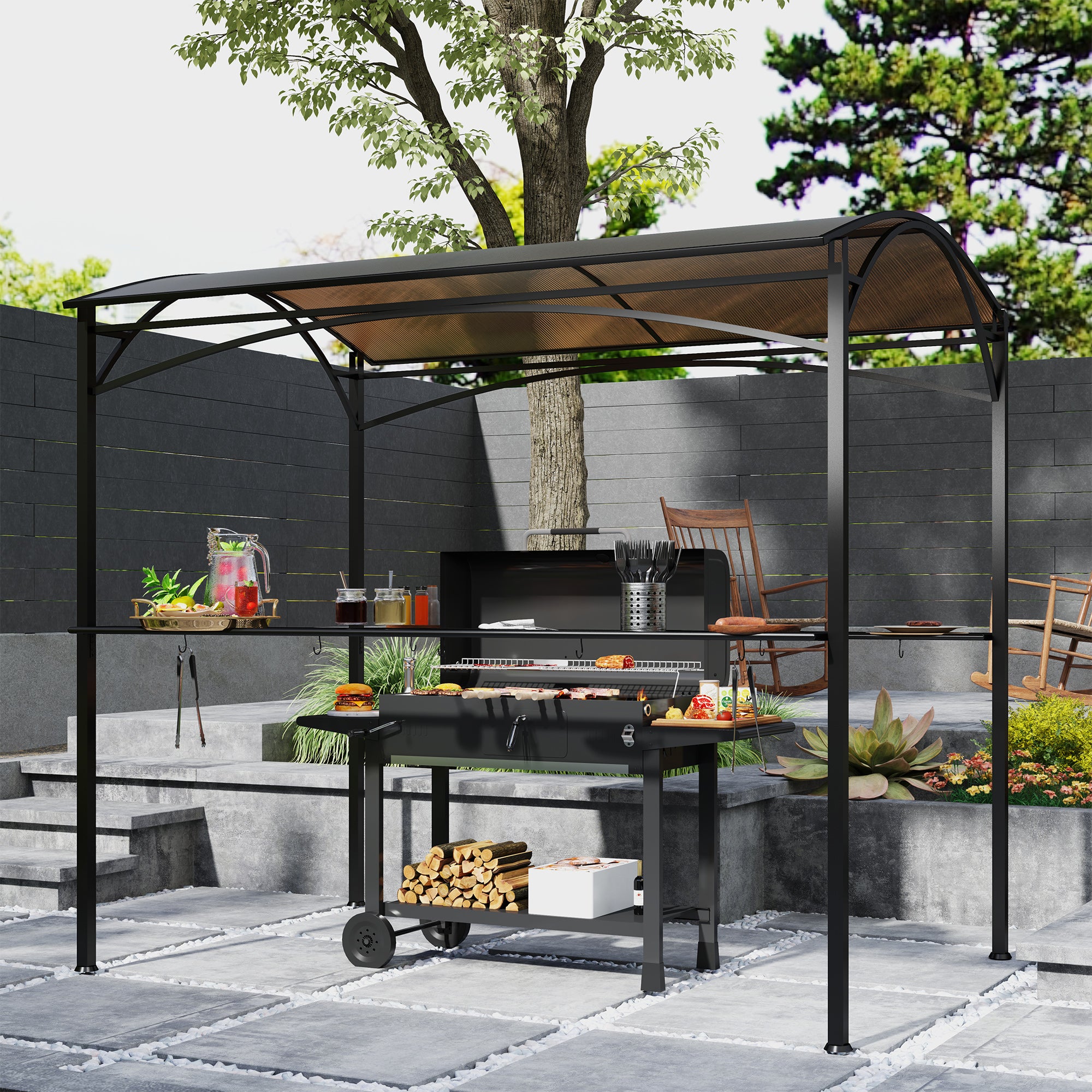 Outsunny 8' x 5' Hardtop Grill Gazebo, Outdoor BBQ Gazebo with PC Board Roof, Barbecue Grill Canopy with 2 Side Shelves and 10 Hooks for Patio, Deck, Backyard and Garden, Brown