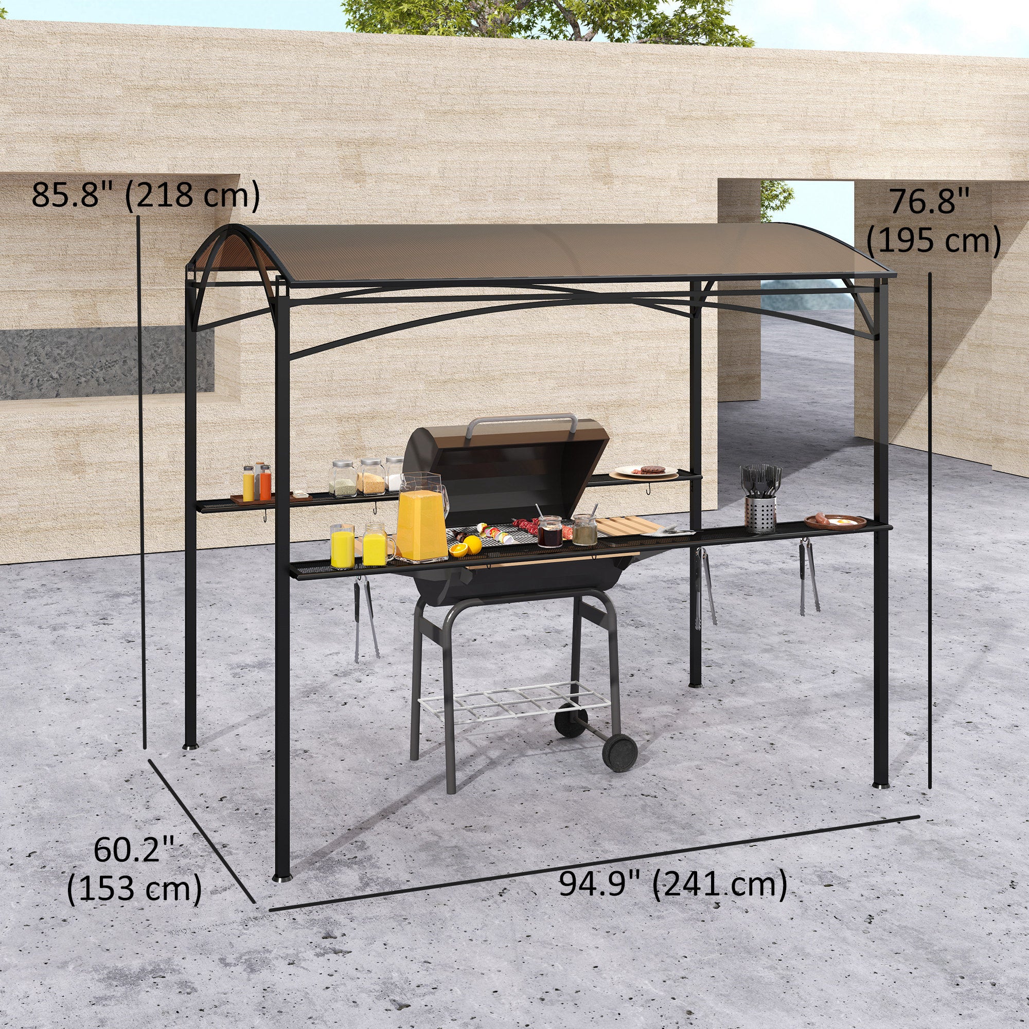Outsunny 8' x 5' Hardtop Grill Gazebo, Outdoor BBQ Gazebo with PC Board Roof, Barbecue Grill Canopy with 2 Side Shelves and 10 Hooks for Patio, Deck, Backyard and Garden, Brown