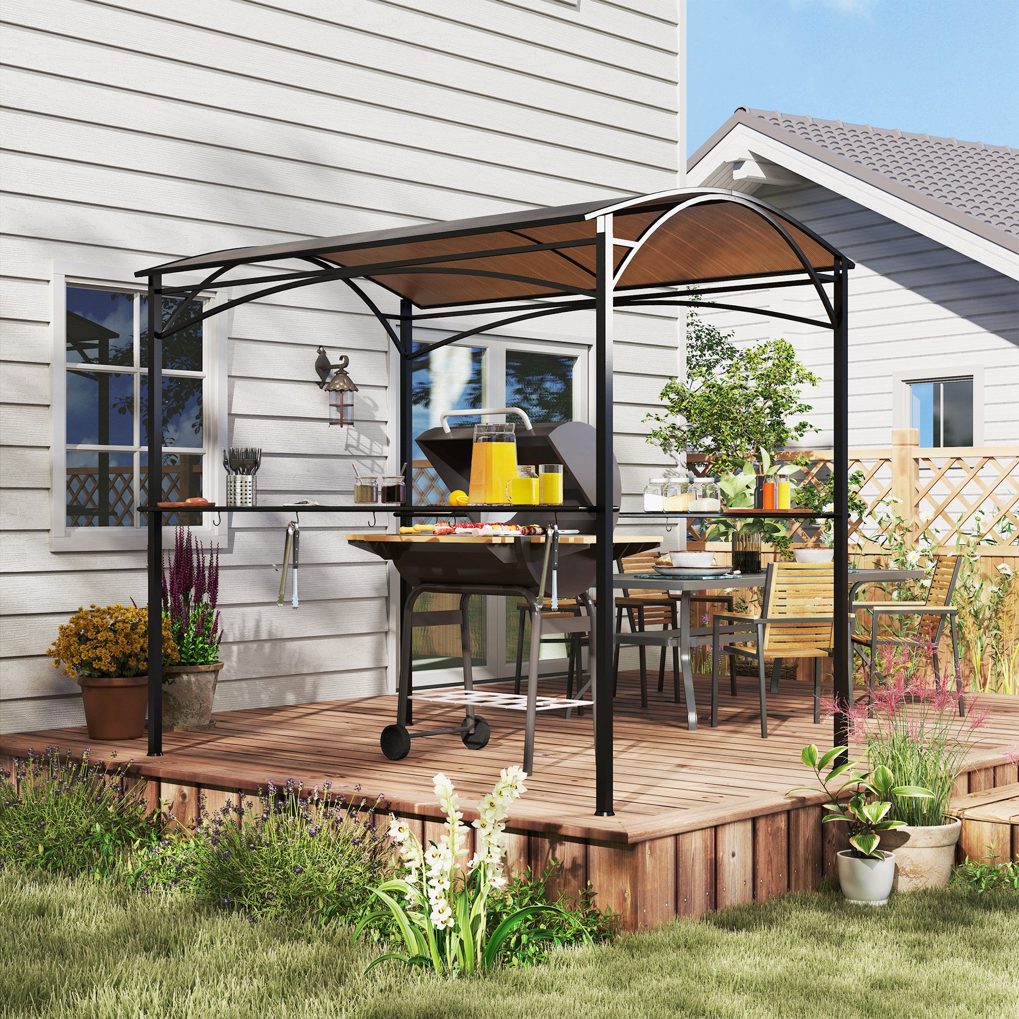 Outsunny 8' x 5' Hardtop Grill Gazebo, Outdoor BBQ Gazebo with PC Board Roof, Barbecue Grill Canopy with 2 Side Shelves and 10 Hooks for Patio, Deck, Backyard and Garden, Brown