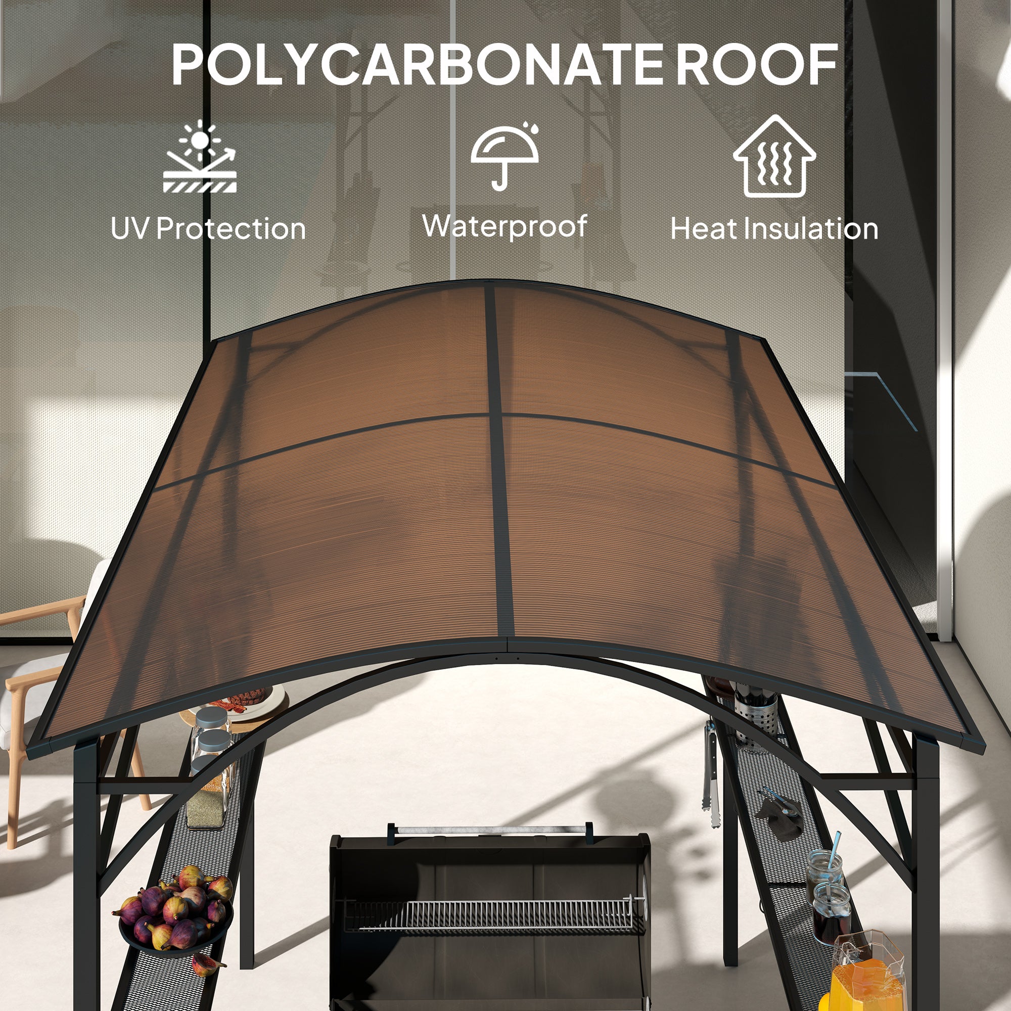 Outsunny 8' x 5' Hardtop Grill Gazebo, Outdoor BBQ Gazebo with PC Board Roof, Barbecue Grill Canopy with 2 Side Shelves and 10 Hooks for Patio, Deck, Backyard and Garden, Brown