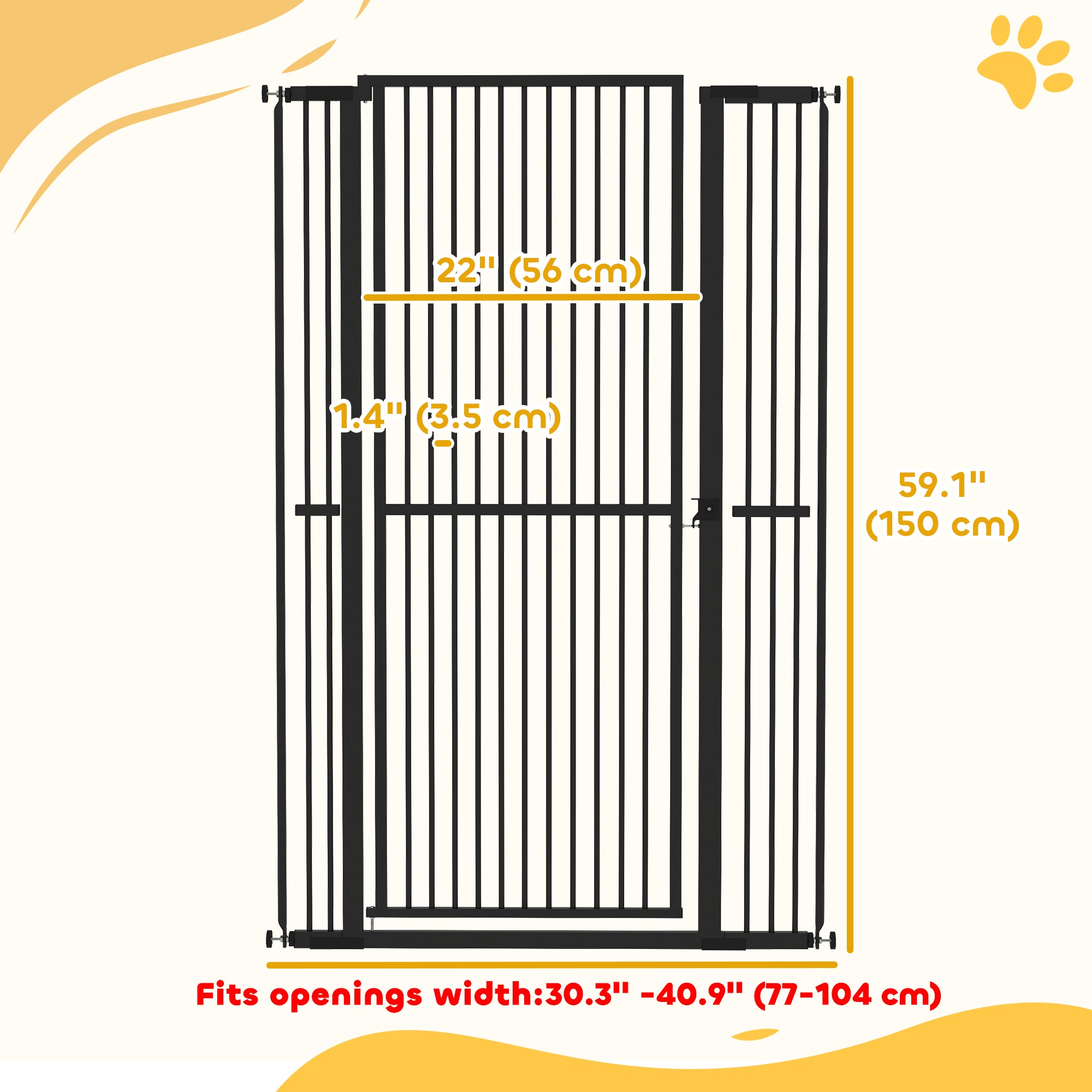 PawHut 59"H Extra Tall Cat Gate, 30"-41"W Steel Pet Gate for Doorway, Hallway, Pressure Mounted Kit No Drilling Dog Gate with 1.4" Extra Narrow Gap, 2.8" & 5.5" Extensions, Black