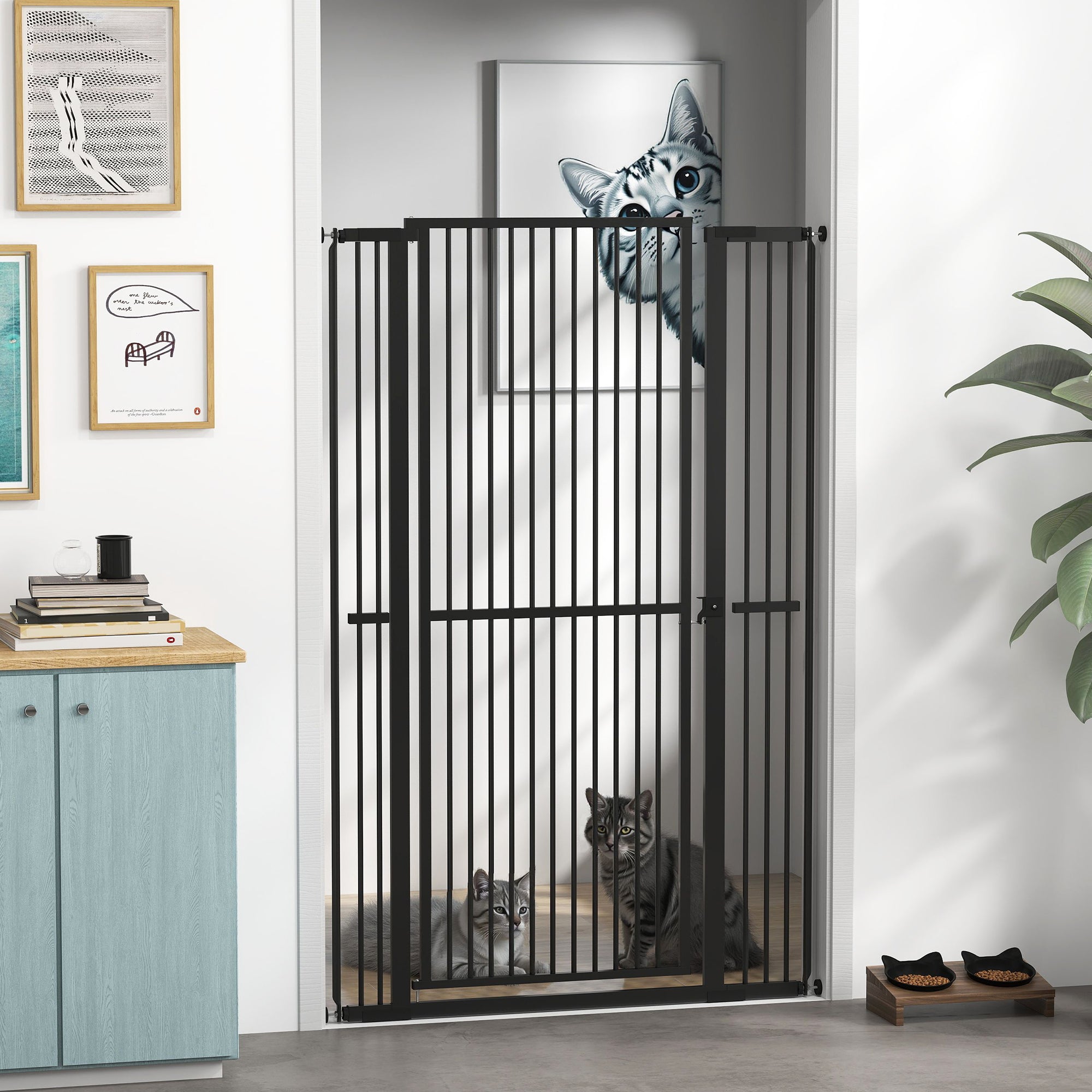 PawHut 59"H Extra Tall Cat Gate, 30"-41"W Steel Pet Gate for Doorway, Hallway, Pressure Mounted Kit No Drilling Dog Gate with 1.4" Extra Narrow Gap, 2.8" & 5.5" Extensions, Black