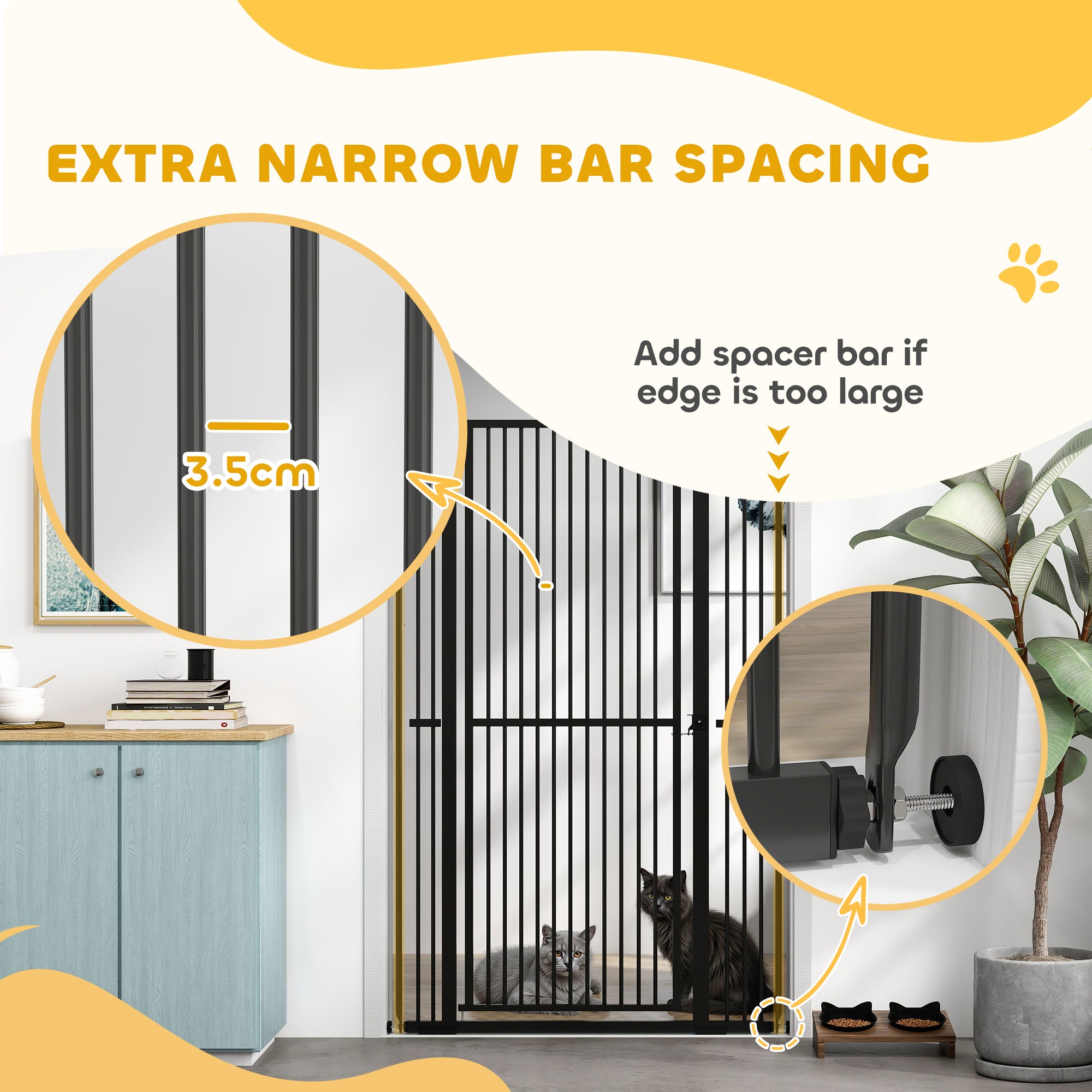 PawHut 59"H Extra Tall Cat Gate, 30"-41"W Steel Pet Gate for Doorway, Hallway, Pressure Mounted Kit No Drilling Dog Gate with 1.4" Extra Narrow Gap, 2.8" & 5.5" Extensions, Black