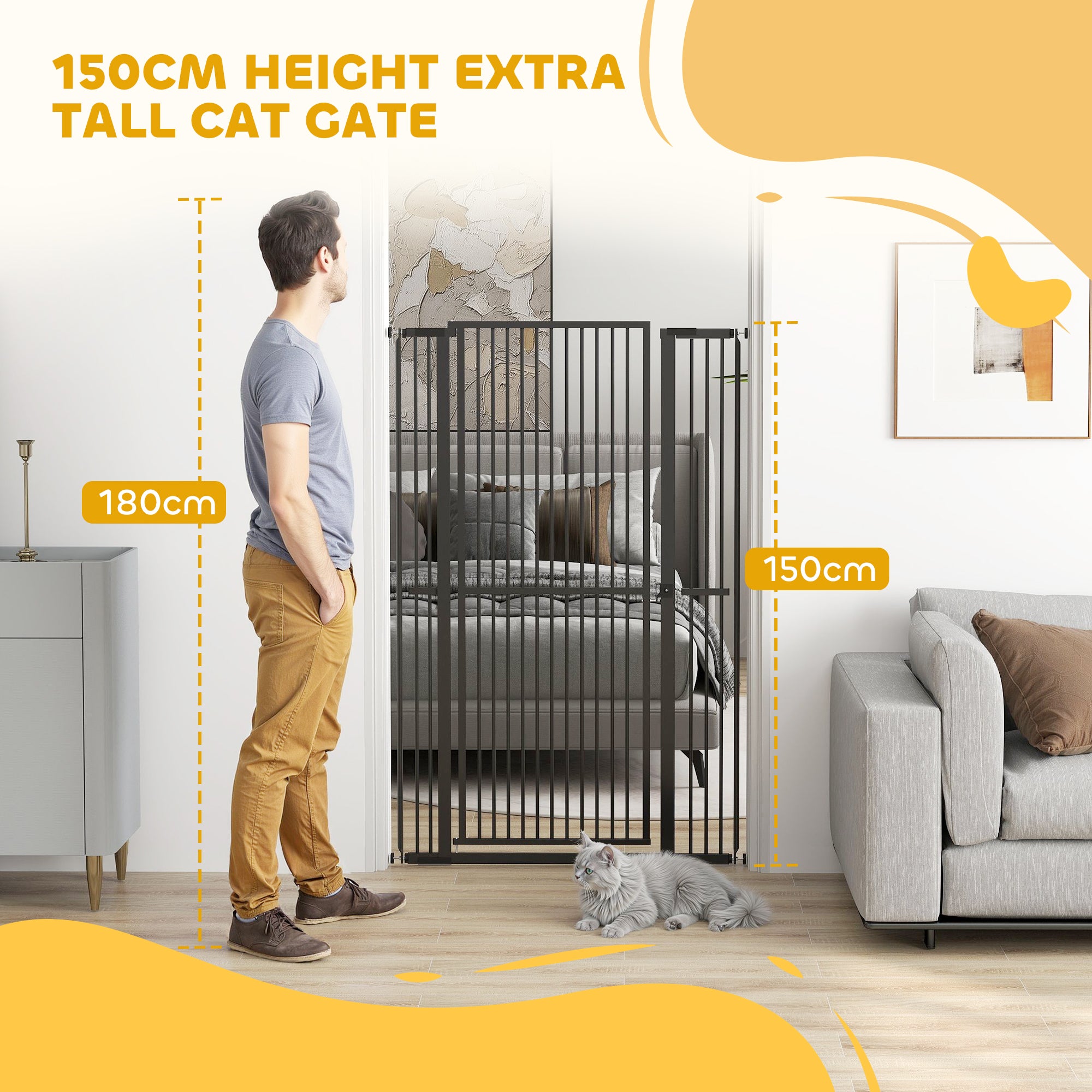 PawHut 59"H Extra Tall Cat Gate, 30"-41"W Steel Pet Gate for Doorway, Hallway, Pressure Mounted Kit No Drilling Dog Gate with 1.4" Extra Narrow Gap, 2.8" & 5.5" Extensions, Black