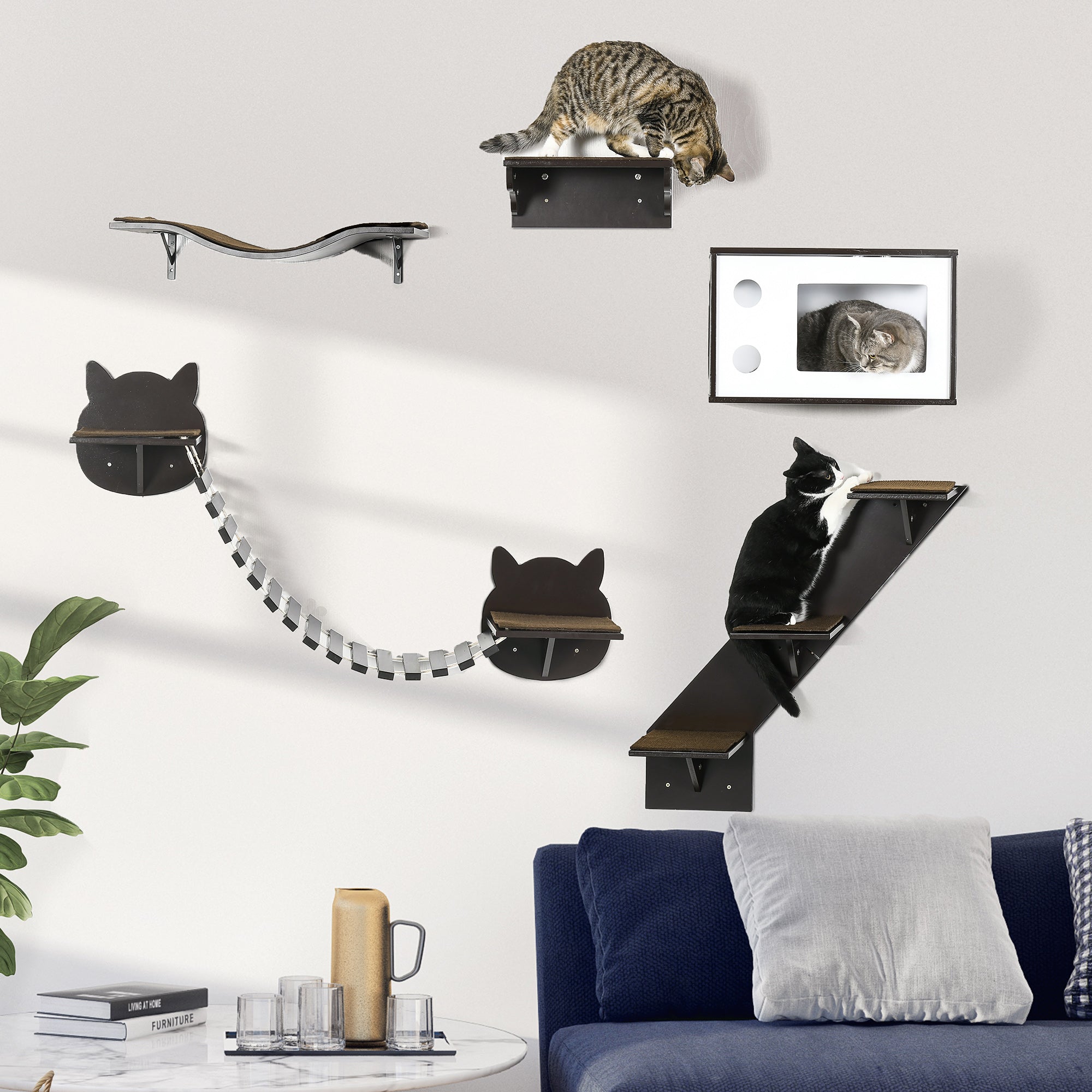 PawHut 5 Piece Cat Wall Shelves, Wall-Mounted Cat Tree for Indoor Use, with Curved Platform, Cat House, Bridge, Stairs, Perch - Brown