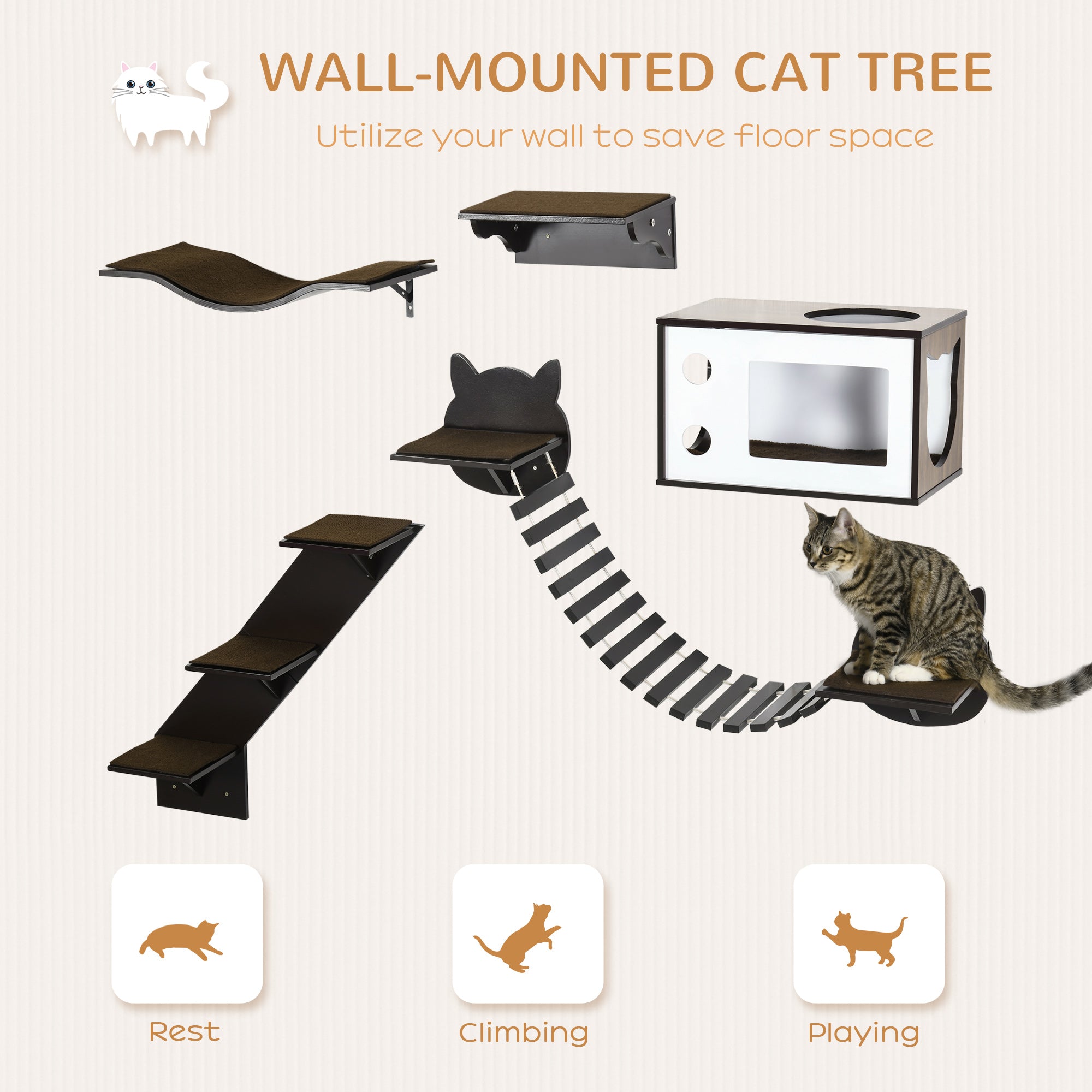 PawHut 5 Piece Cat Wall Shelves, Wall-Mounted Cat Tree for Indoor Use, with Curved Platform, Cat House, Bridge, Stairs, Perch - Brown