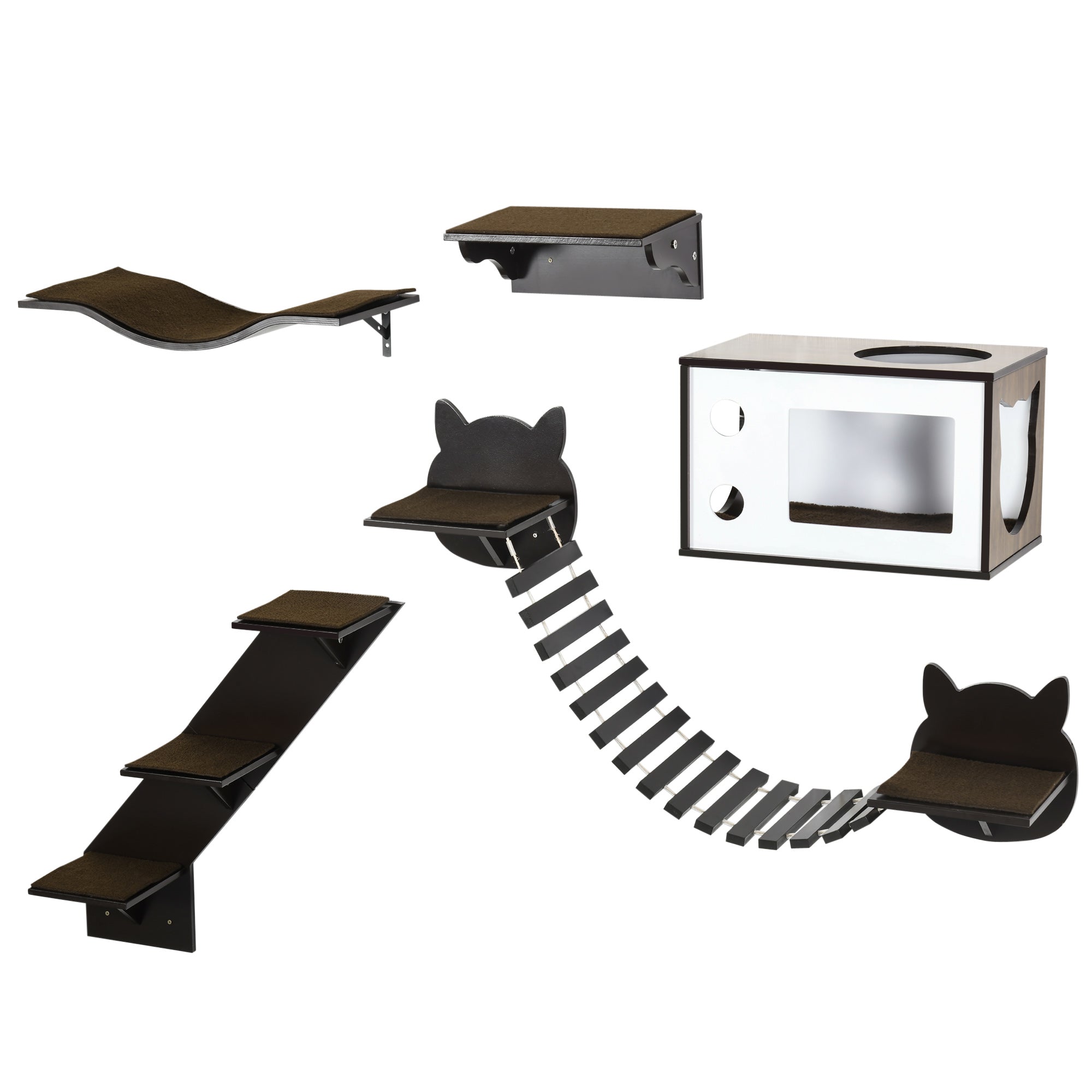 PawHut 5 Piece Cat Wall Shelves, Wall-Mounted Cat Tree for Indoor Use, with Curved Platform, Cat House, Bridge, Stairs, Perch - Brown