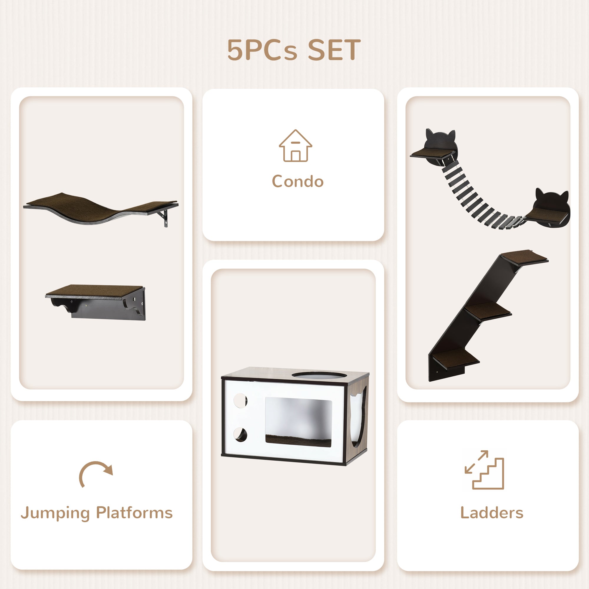 PawHut 5 Piece Cat Wall Shelves, Wall-Mounted Cat Tree for Indoor Use, with Curved Platform, Cat House, Bridge, Stairs, Perch - Brown