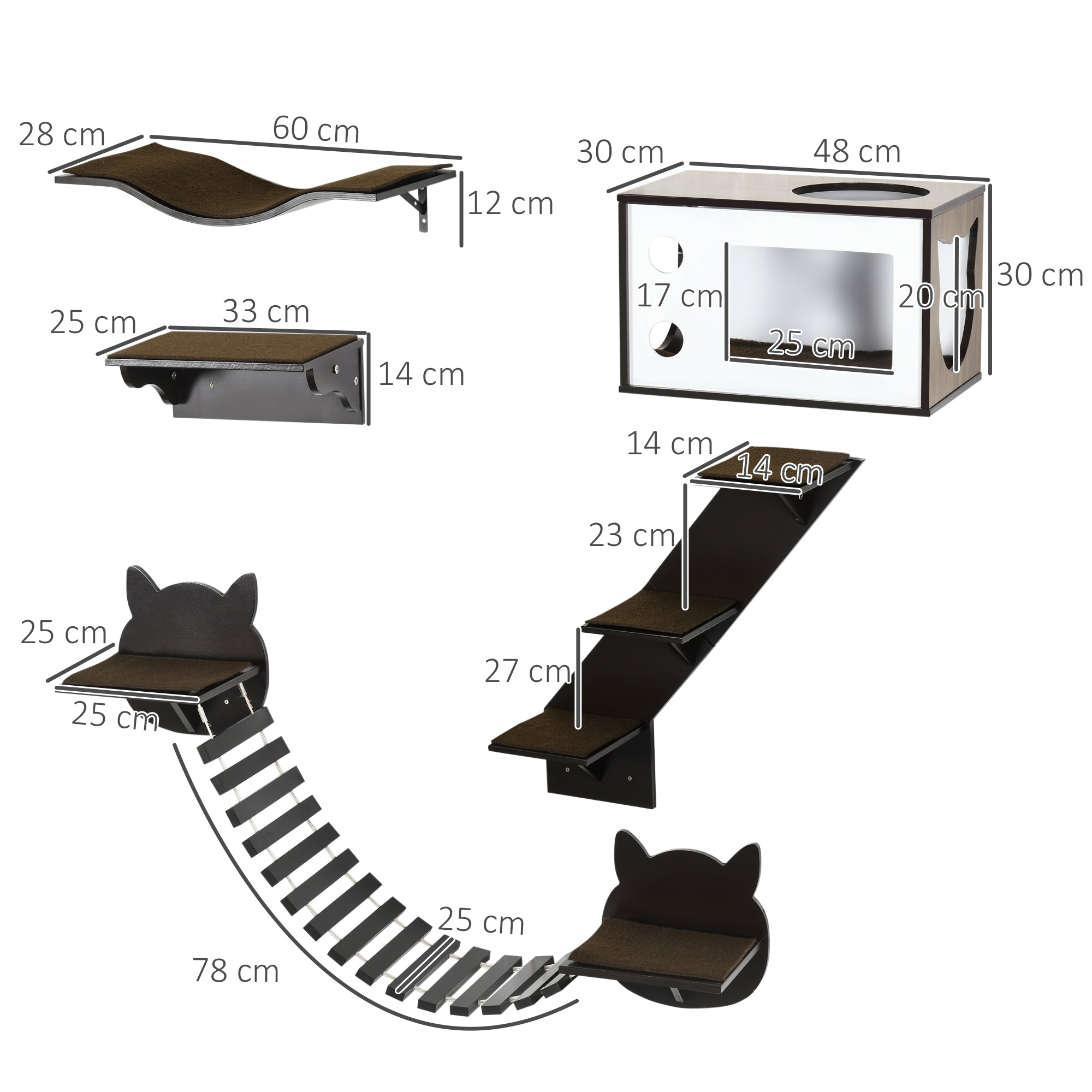 PawHut 5 Piece Cat Wall Shelves, Wall-Mounted Cat Tree for Indoor Use, with Curved Platform, Cat House, Bridge, Stairs, Perch - Brown