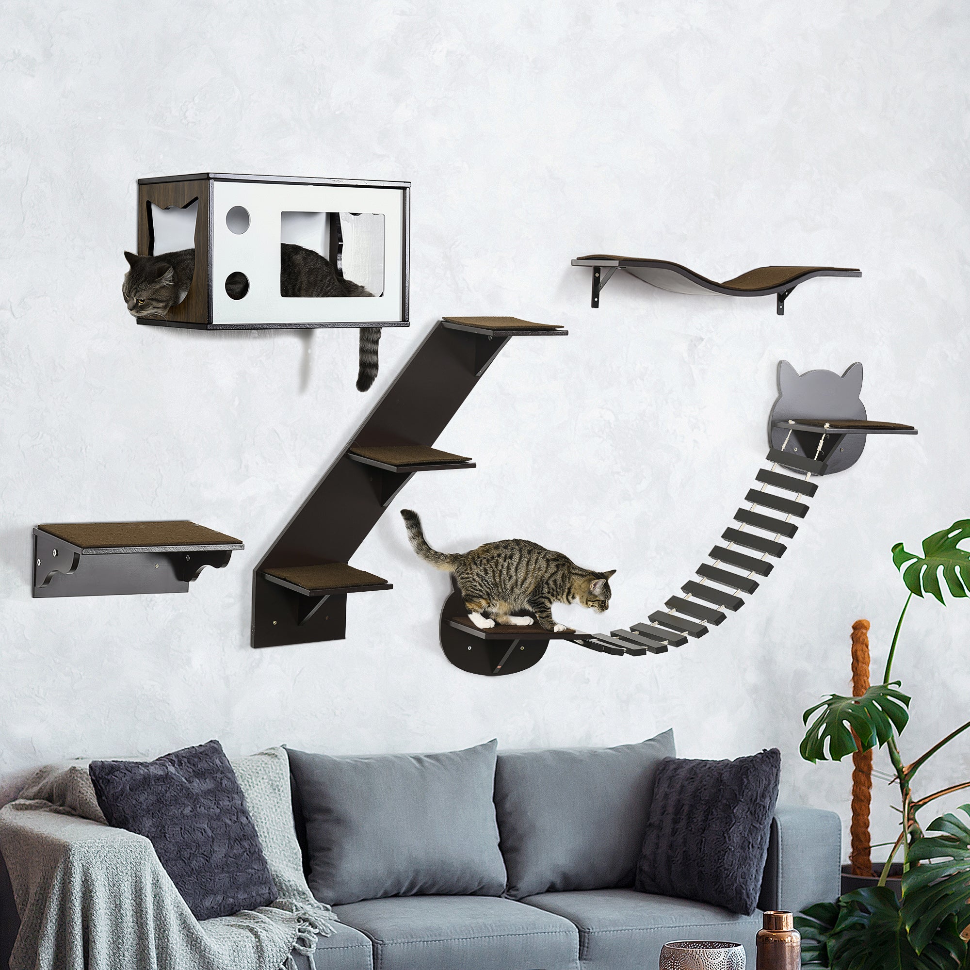 PawHut 5 Piece Cat Wall Shelves, Wall-Mounted Cat Tree for Indoor Use, with Curved Platform, Cat House, Bridge, Stairs, Perch - Brown