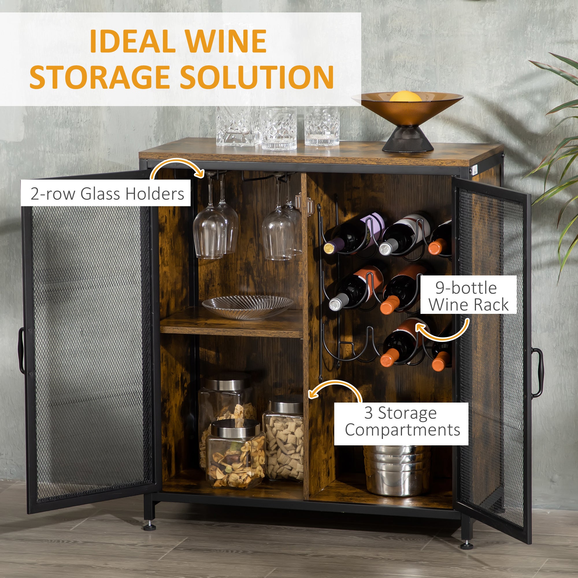 HOMCOM Industrial Wine Rack for 9 Bottles, Retro Liquor Cabinet with Glass Holders, Mesh Doors, Storage Shelf for Home Bar, Dining Room, Rustic Brown