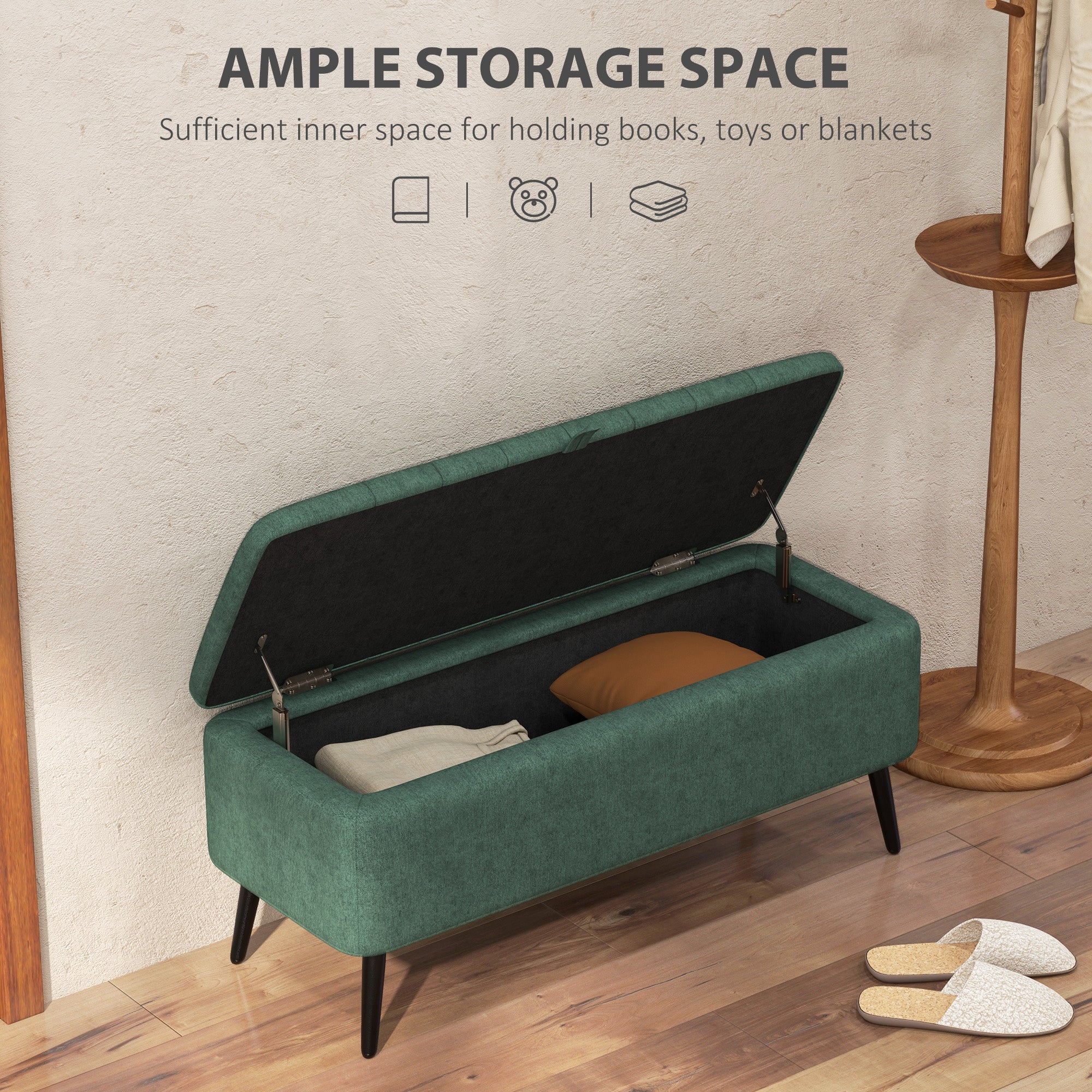 HOMCOM Storage Ottoman with Flip Top, Rectangular Upholstered Bench, Linen Fabric Footstool with Steel Legs for Living Room, Bedroom, Dark Green