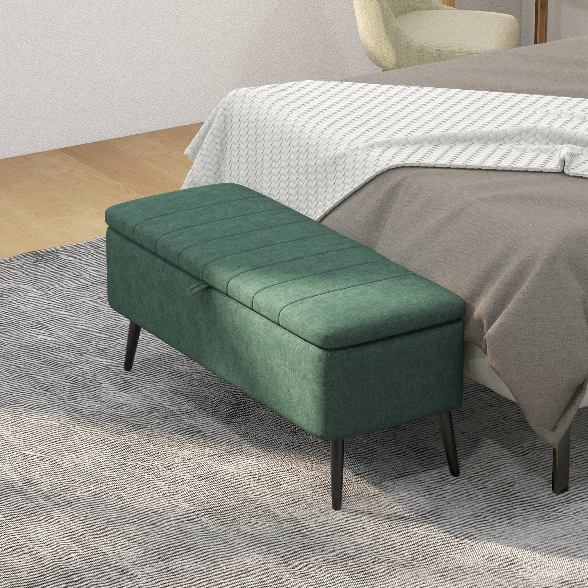 HOMCOM Storage Ottoman with Flip Top, Rectangular Upholstered Bench, Linen Fabric Footstool with Steel Legs for Living Room, Bedroom, Dark Green