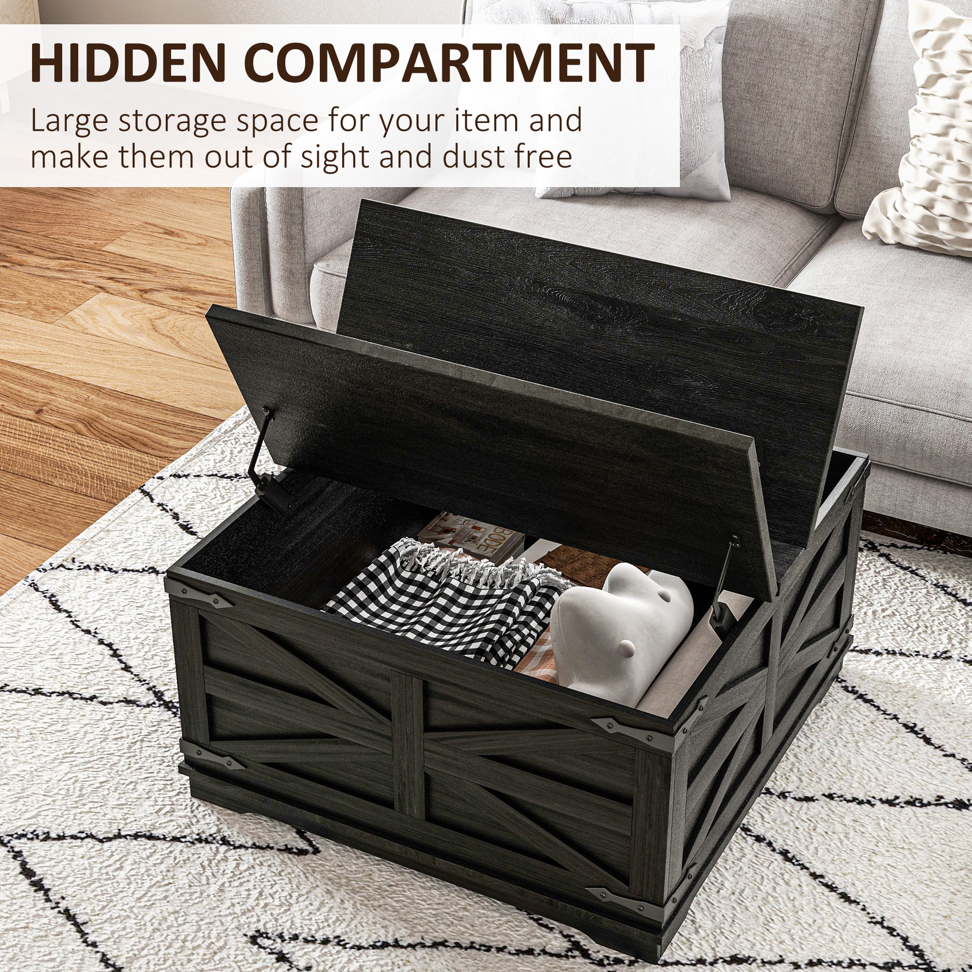 HOMCOM Farmhouse Coffee Table with Storage, Center Table with Hinged Lift Top and Hidden Space, Square Coffee Table for Living Room, Black