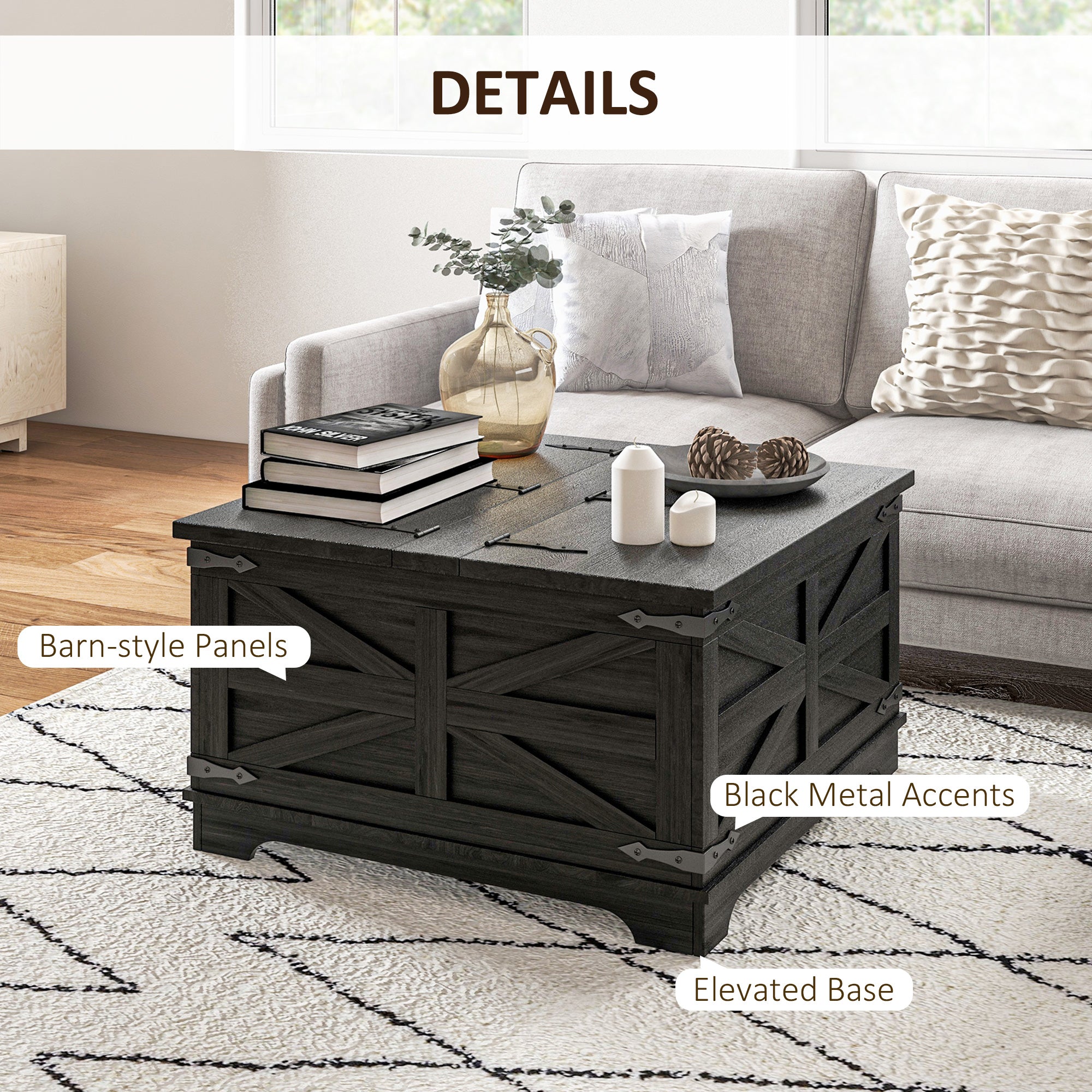 HOMCOM Farmhouse Coffee Table with Storage, Center Table with Hinged Lift Top and Hidden Space, Square Coffee Table for Living Room, Black