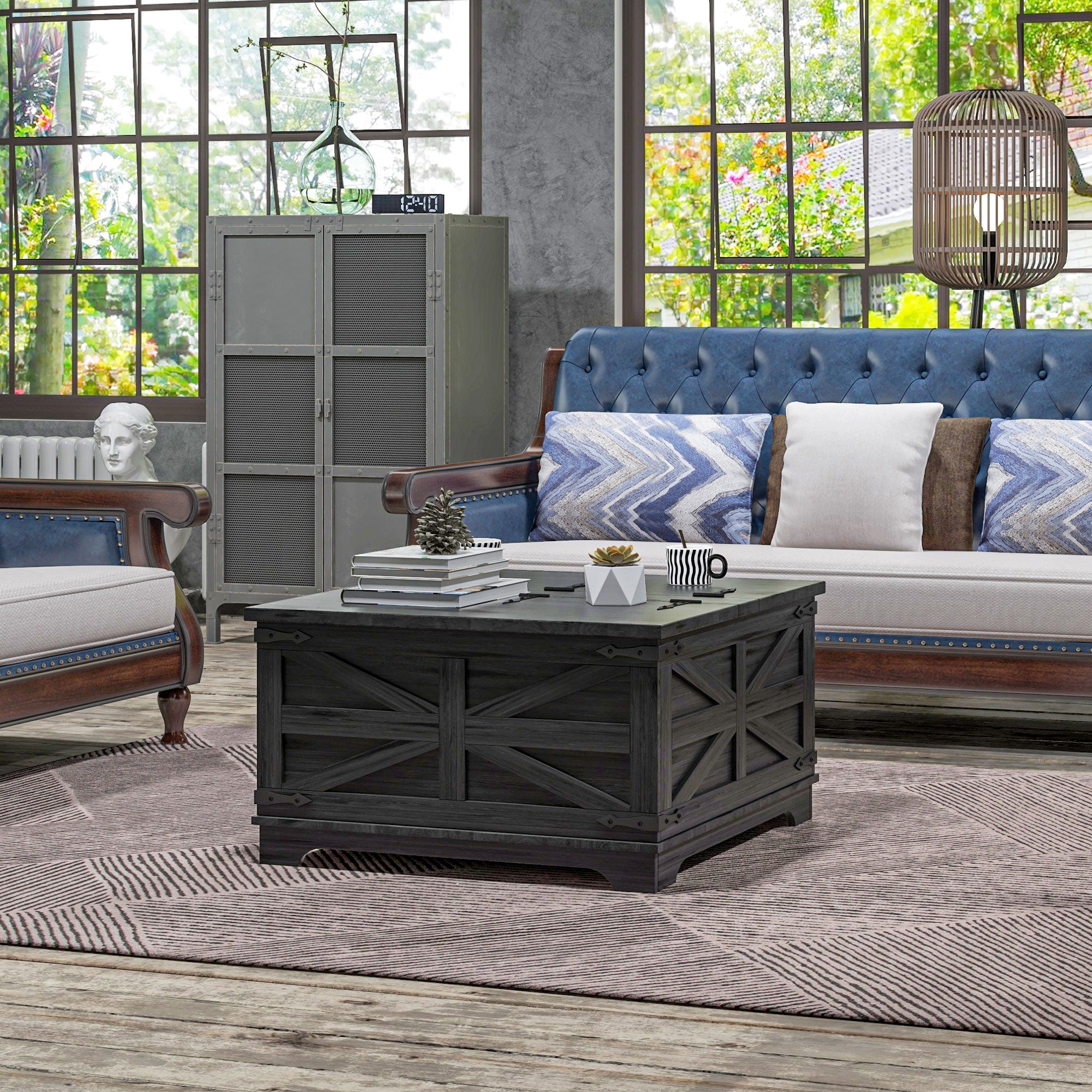HOMCOM Farmhouse Coffee Table with Storage, Center Table with Hinged Lift Top and Hidden Space, Square Coffee Table for Living Room, Black